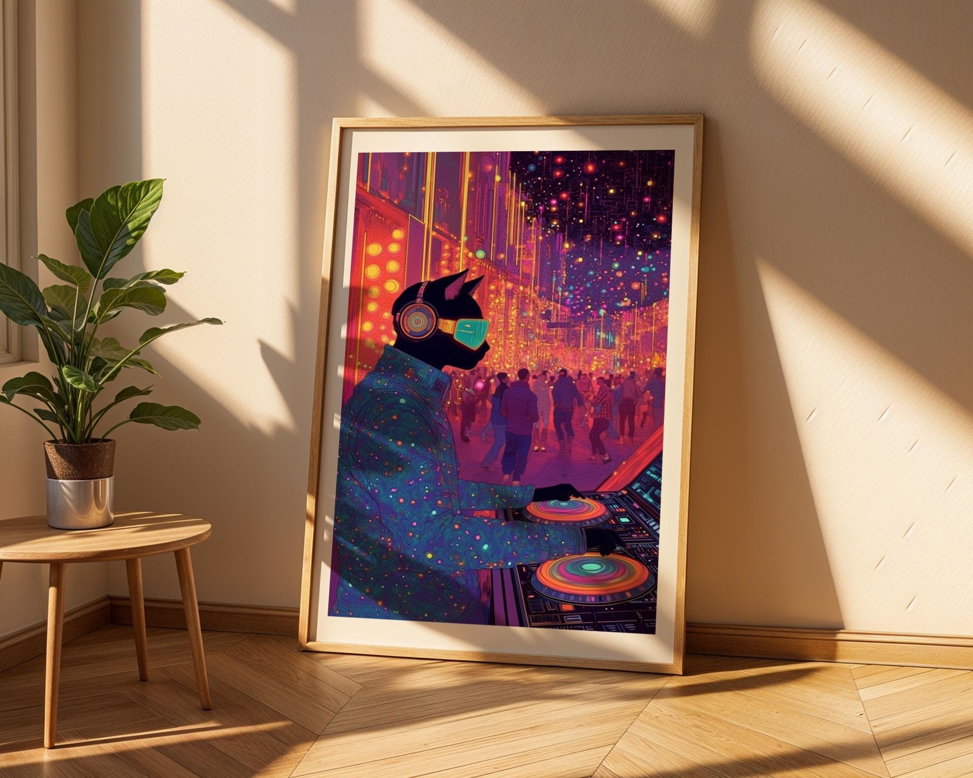 Cyberpunk Cat DJ Wall Art, Neon Futuristic Music Print for Gaming Rooms, Digital Download, Furry DJ Cat Art, Techno Cat DJ Poster, Cat Art - view 6