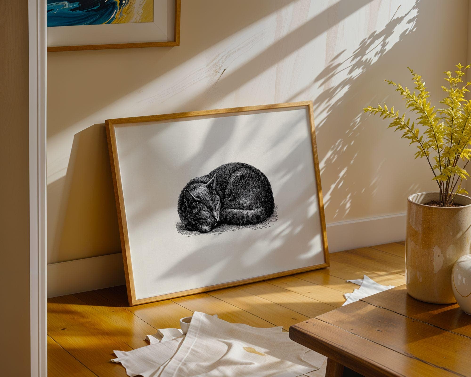 Sleeping Cat Print, Ink Animal Wall Art, Pet Portrait Scribble Cat Minimalist Line Art, Playful Cat Digital Download, Cat Lovers Gift - view 3