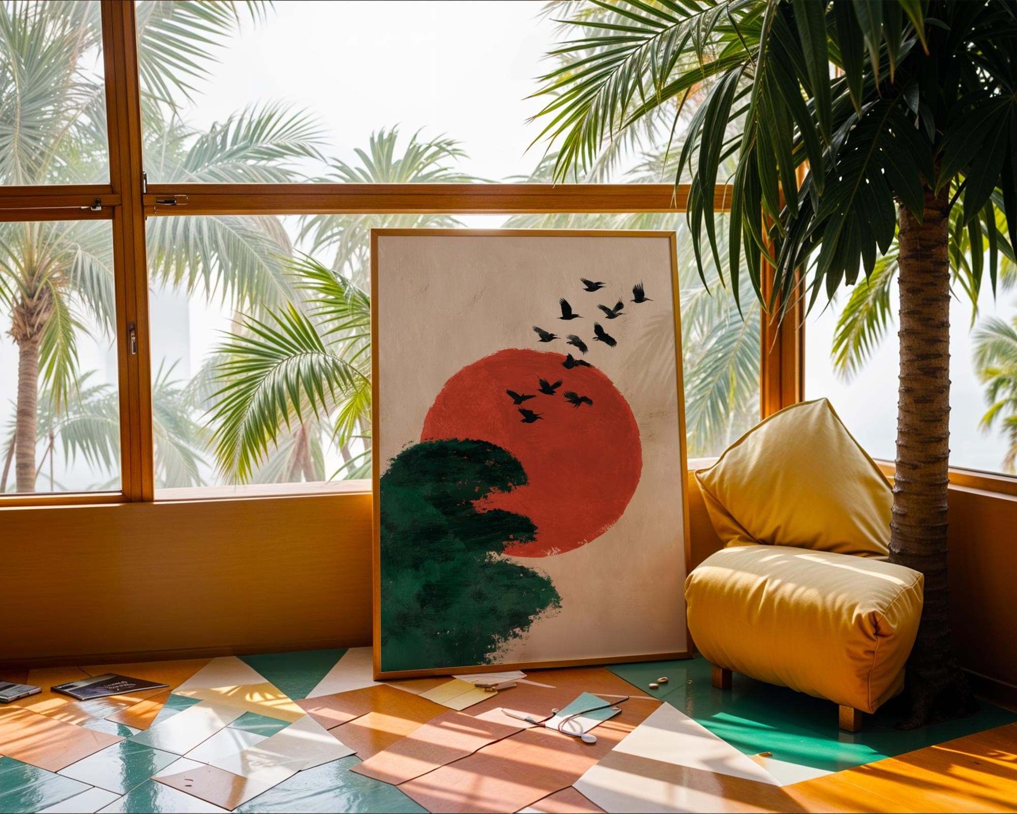 Japanese Minimalist Wall Art – Flying Birds Over Red Sun and Forest, Japanese Minimal Zen Poster, Warm Tone Minimalist Art, Japandi Decor - view 6