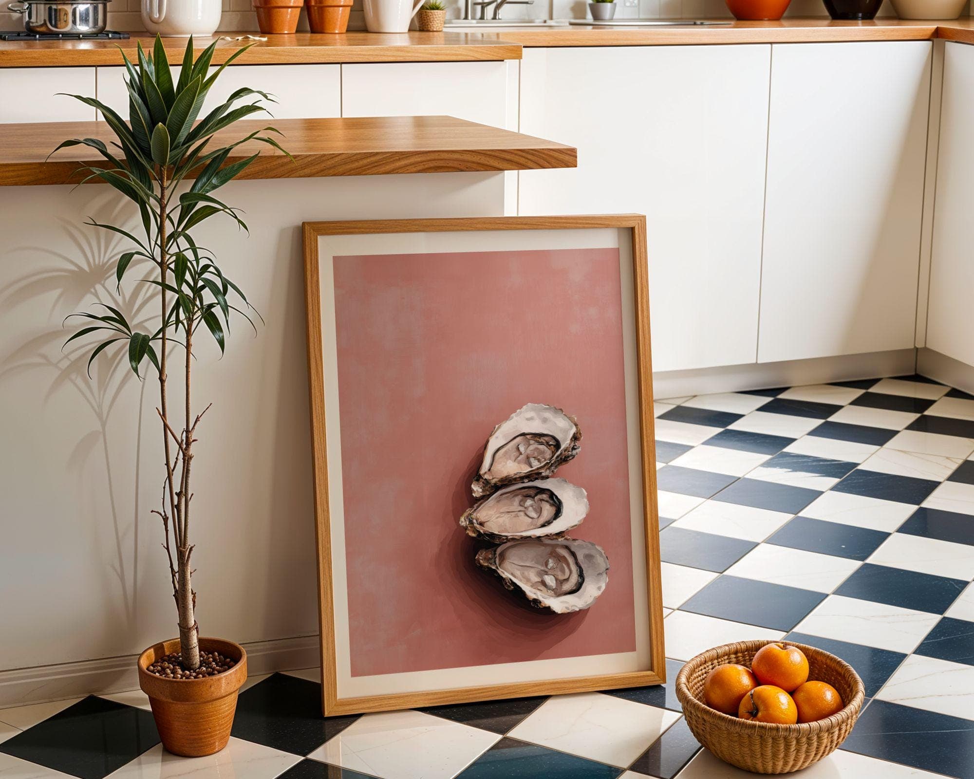 Oyster Wall Art Print, Pink Coastal Kitchen Decor, Pink Oyster Painting, Seafood Wall Art, Beach House Dining Room Decor, Oyster Still Life - view 6