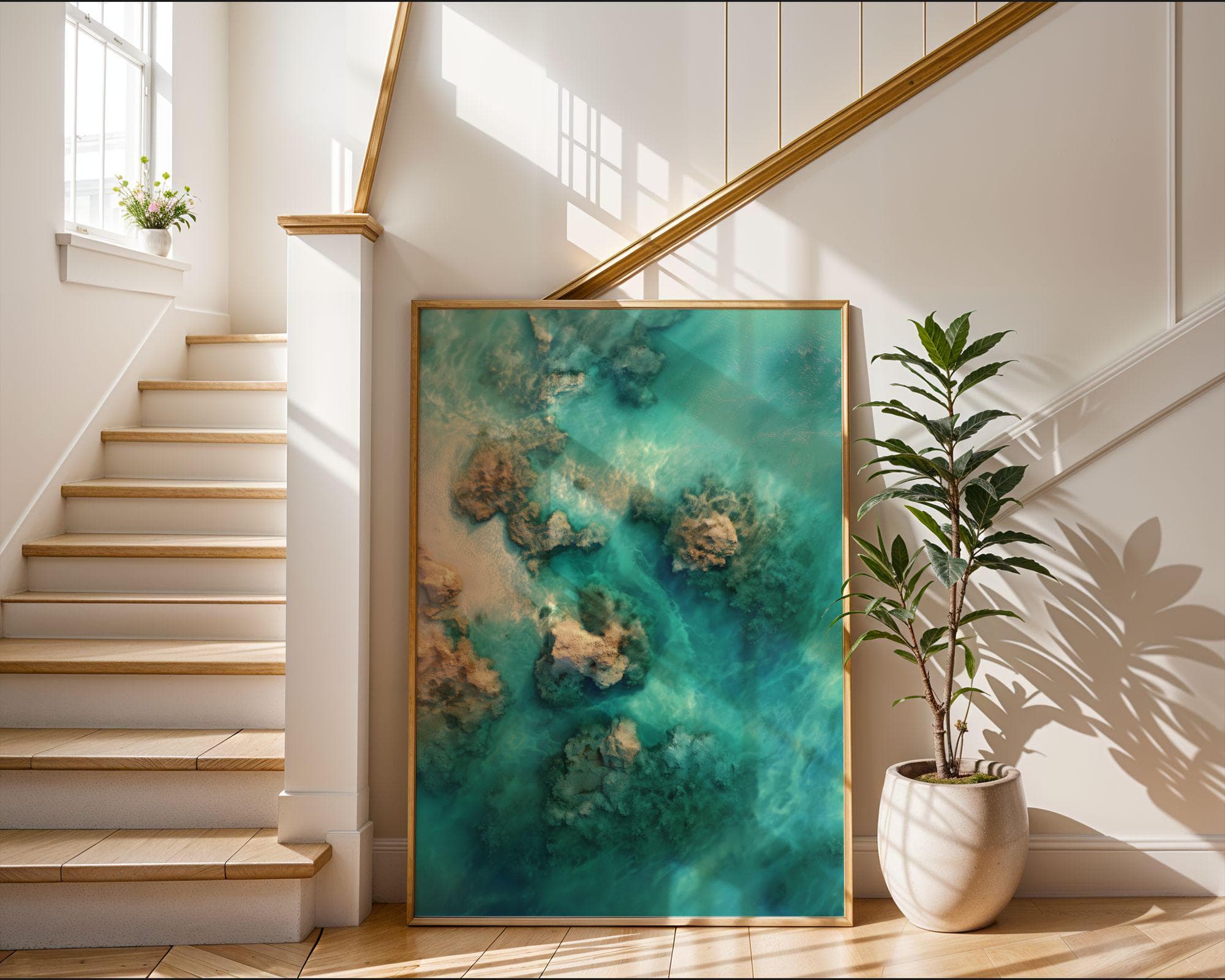 Aerial Ocean Reef Art Print, Turquoise Sea Wall Decor, Emareld Green Background Print, Aerial Ocean Print, Modern Ocean Wall Art, Digital - view 3