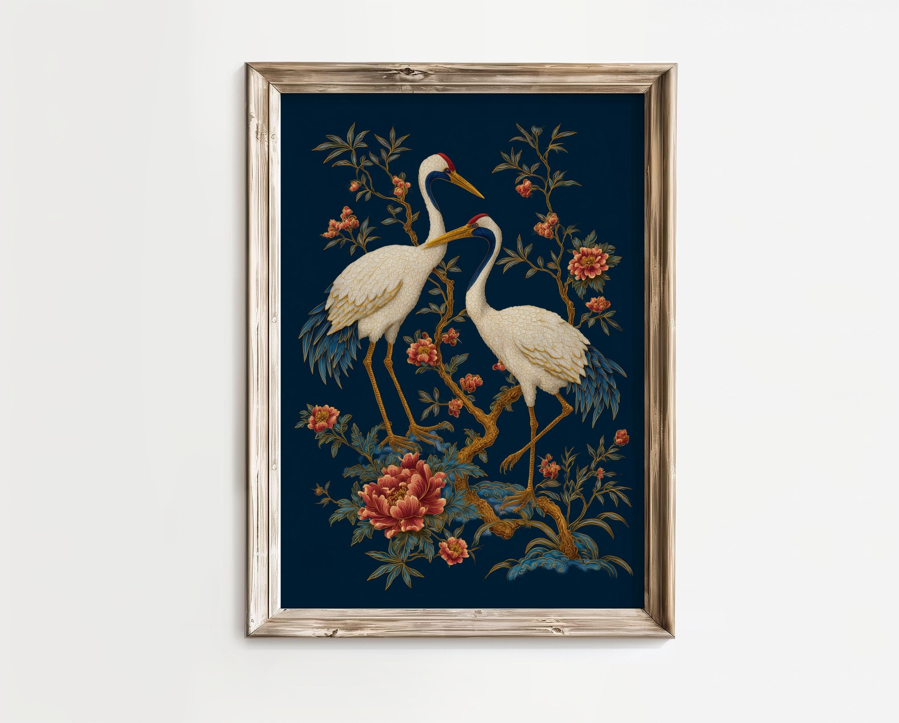 Gold Crane Wall Art Blue Oriental Decor, Japanese Crane Wall Art Print, Gold Asian Bird Painting, Oriental Floral Decor, Japandi Crane Art - view 3