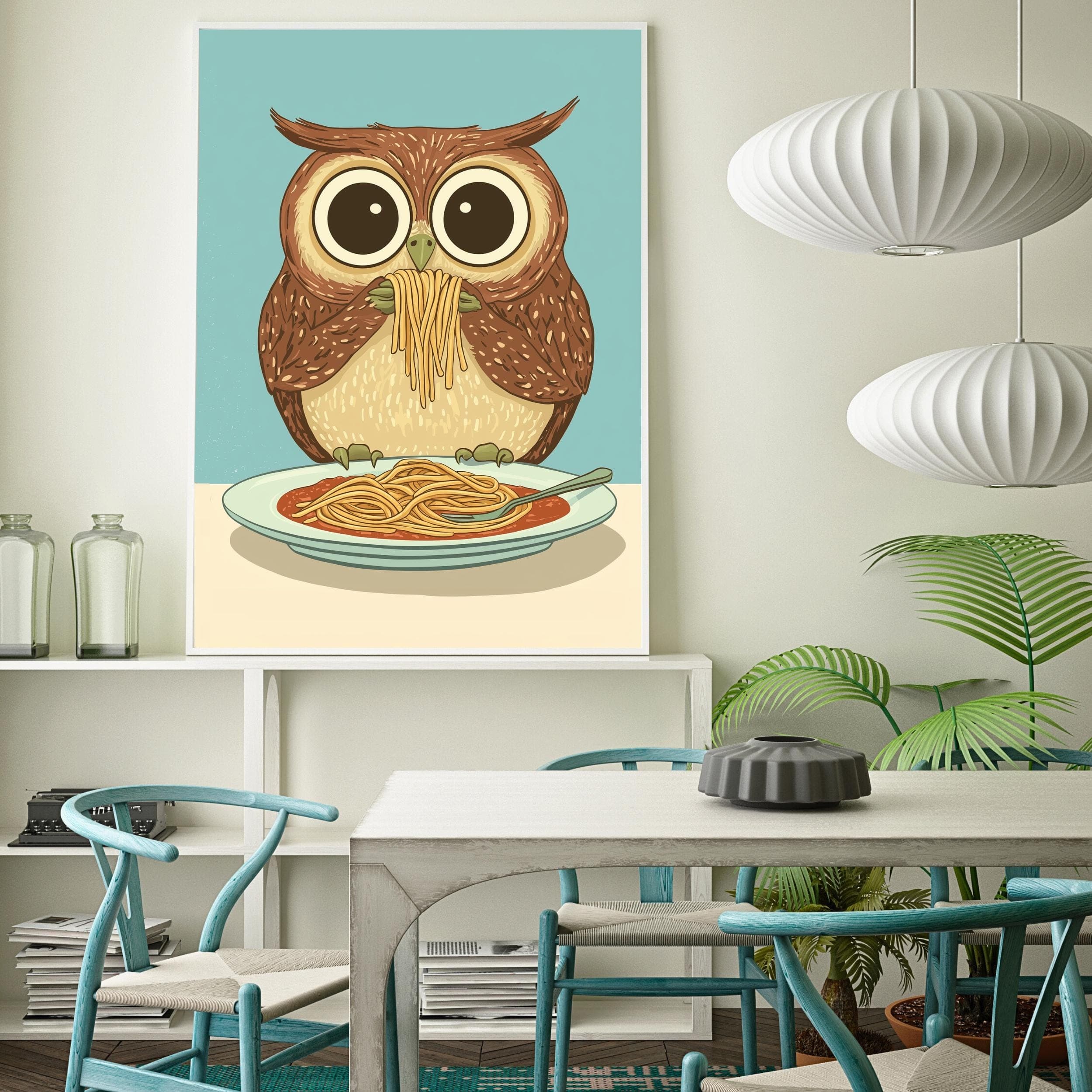 Owl Spaghetti Art Print,Whimsical Owl Kitchen Decor, Owl Pasta Print, Charming Owl Kitchen Print, Maximalist Owl Art, Owl Wall Prints - view 7