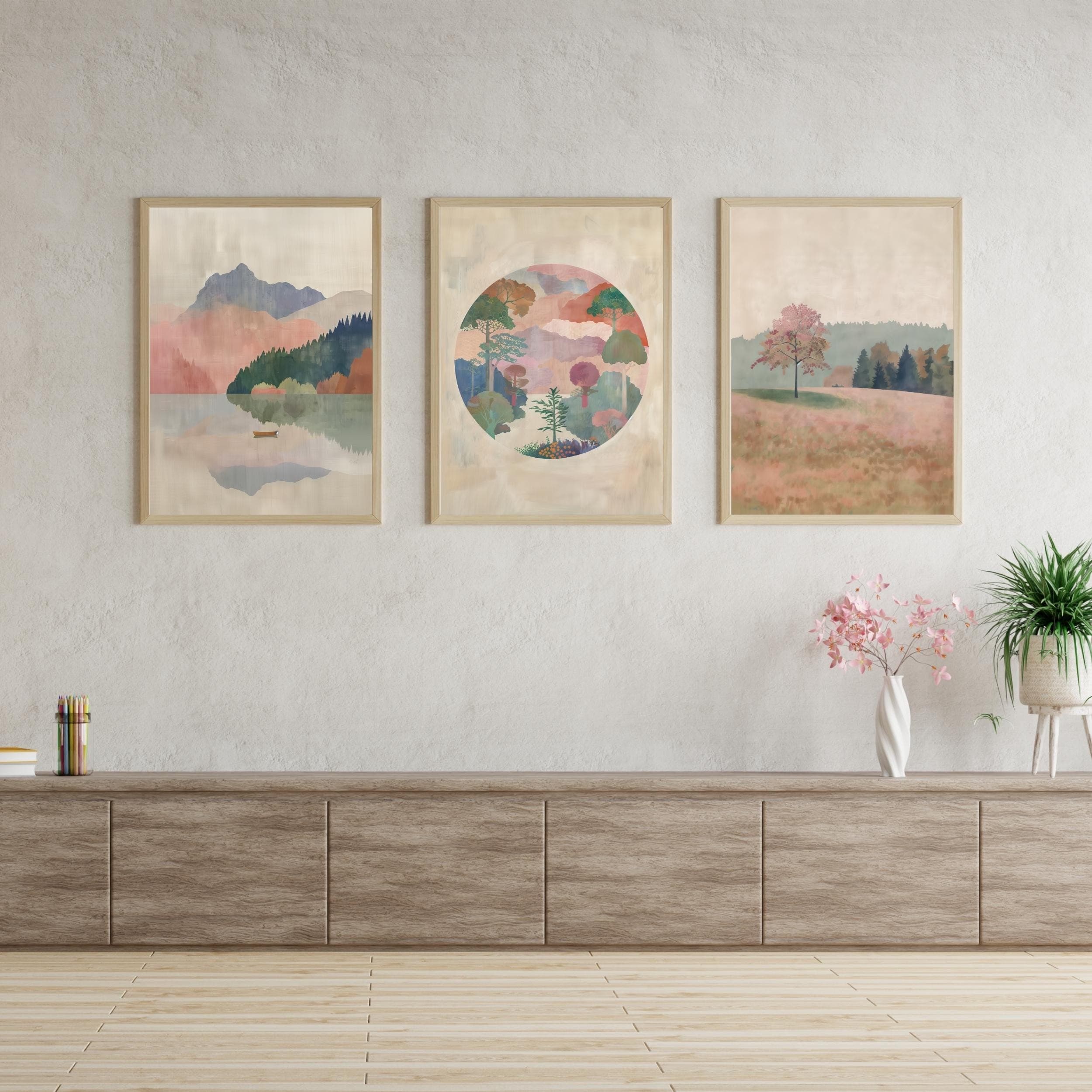 Colorful Animal Wall Art Set, Modern Pastel Art Set, Boho Eclectic Gallery Wall, Animal and Landscape Wall Print, Minimalist Bohemian Prints - view 3