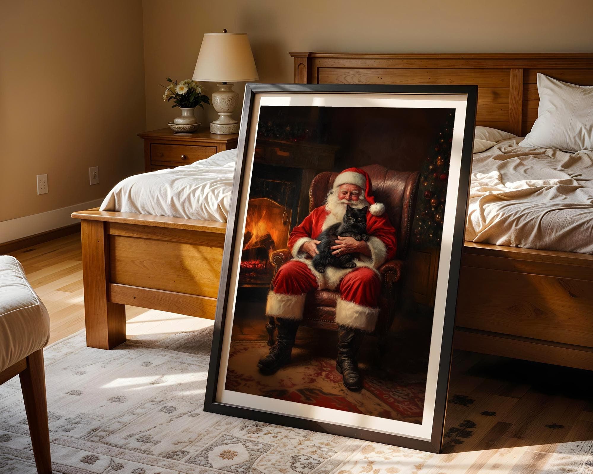Santa Claus with Black Cat - Cozy Christmas Wall Art Print, Christmas Wall Decor, Whimsical Cat and Santa Claus Print, Digital Download - view 6