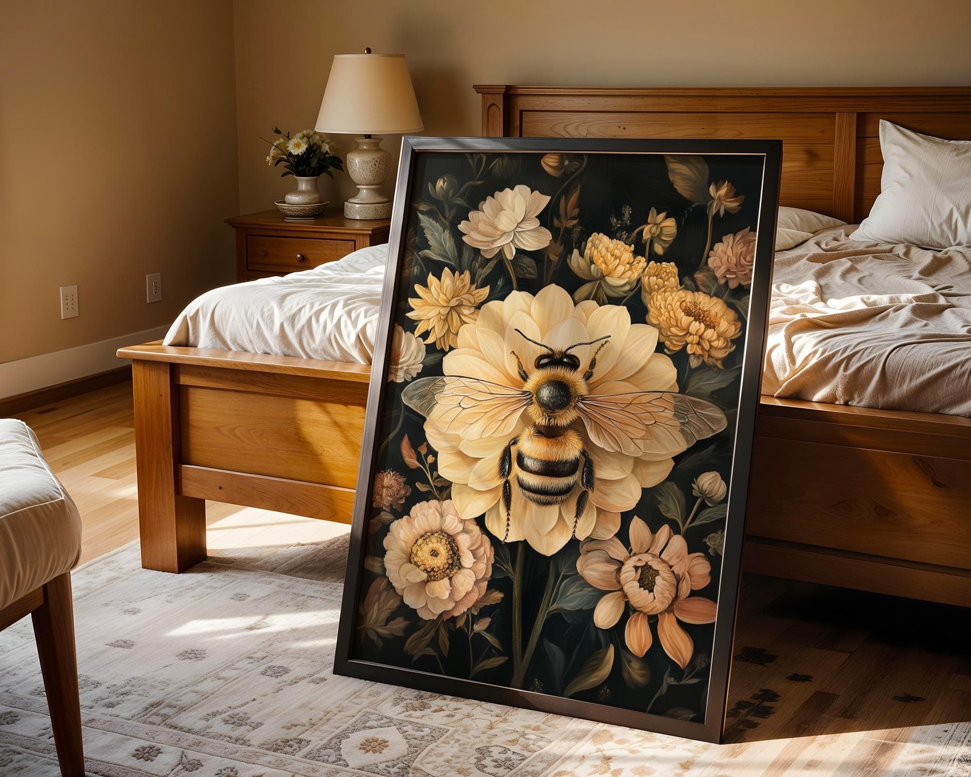 Vintage Bee and Floral Wall Art Print, Dark Botanical Garden Print, Cottagecore Bee Poster, Cottagecore Print, Digital Download, Vintage Bee - view 3