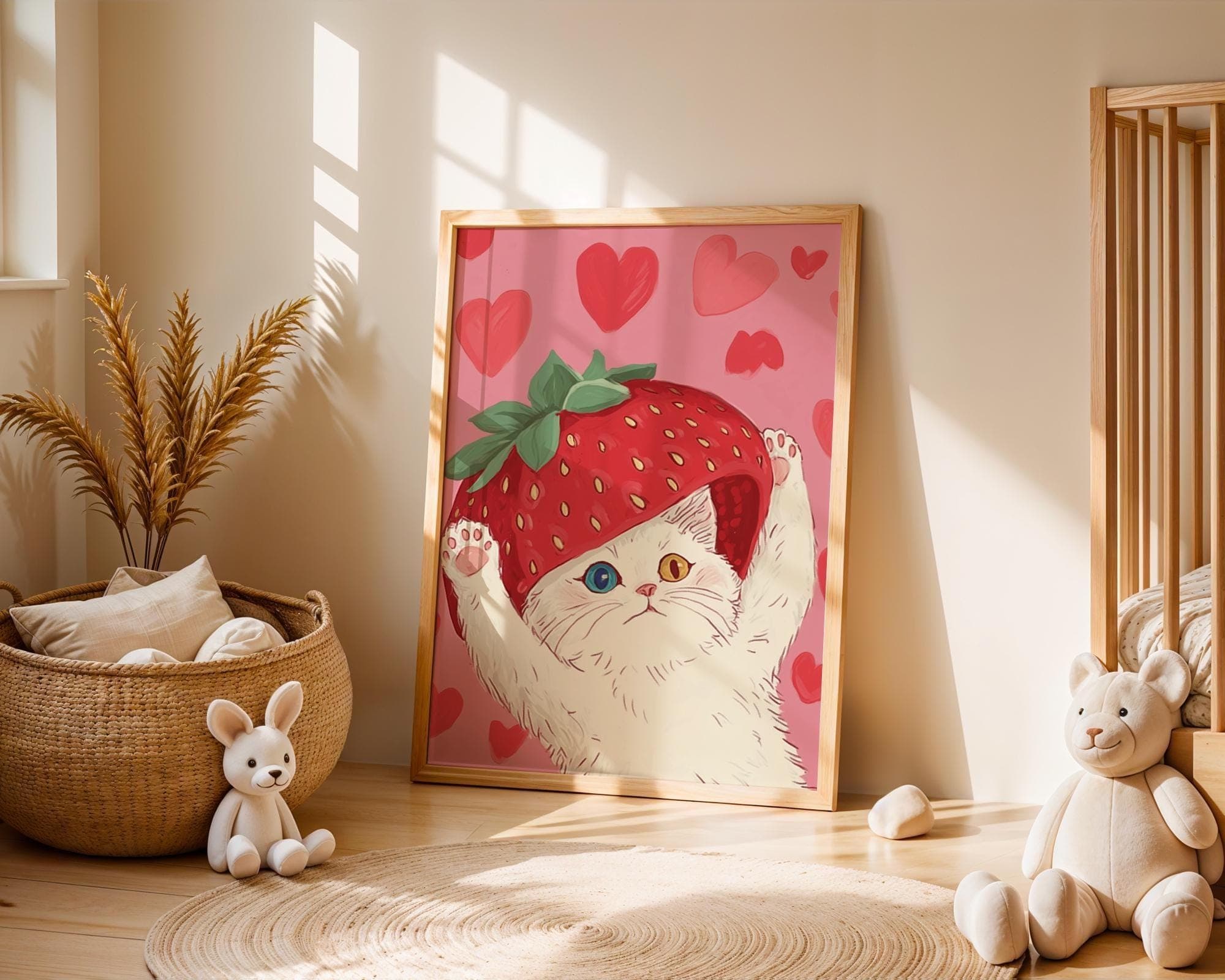Pink Kawaii Wall Art, Strawberry Cat Wall Art, Art Digital Download, Pink Nursery Decor, Preppy Cat Wall Decor, Pink Aesthetic Wall Print - view 5