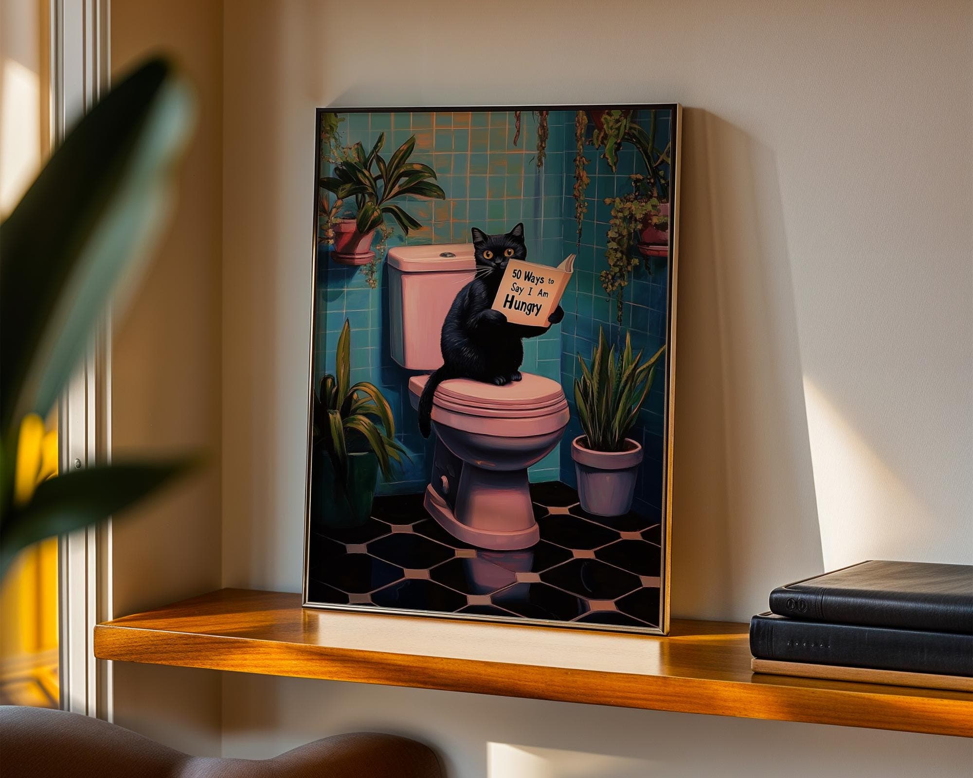 Black Cat on Toilet Print Funny Poster Wall Decor Pooping Print Pink Toilet Wall Art, 50 ways to say i am hungy poster, Quirky Cat Poster - view 5