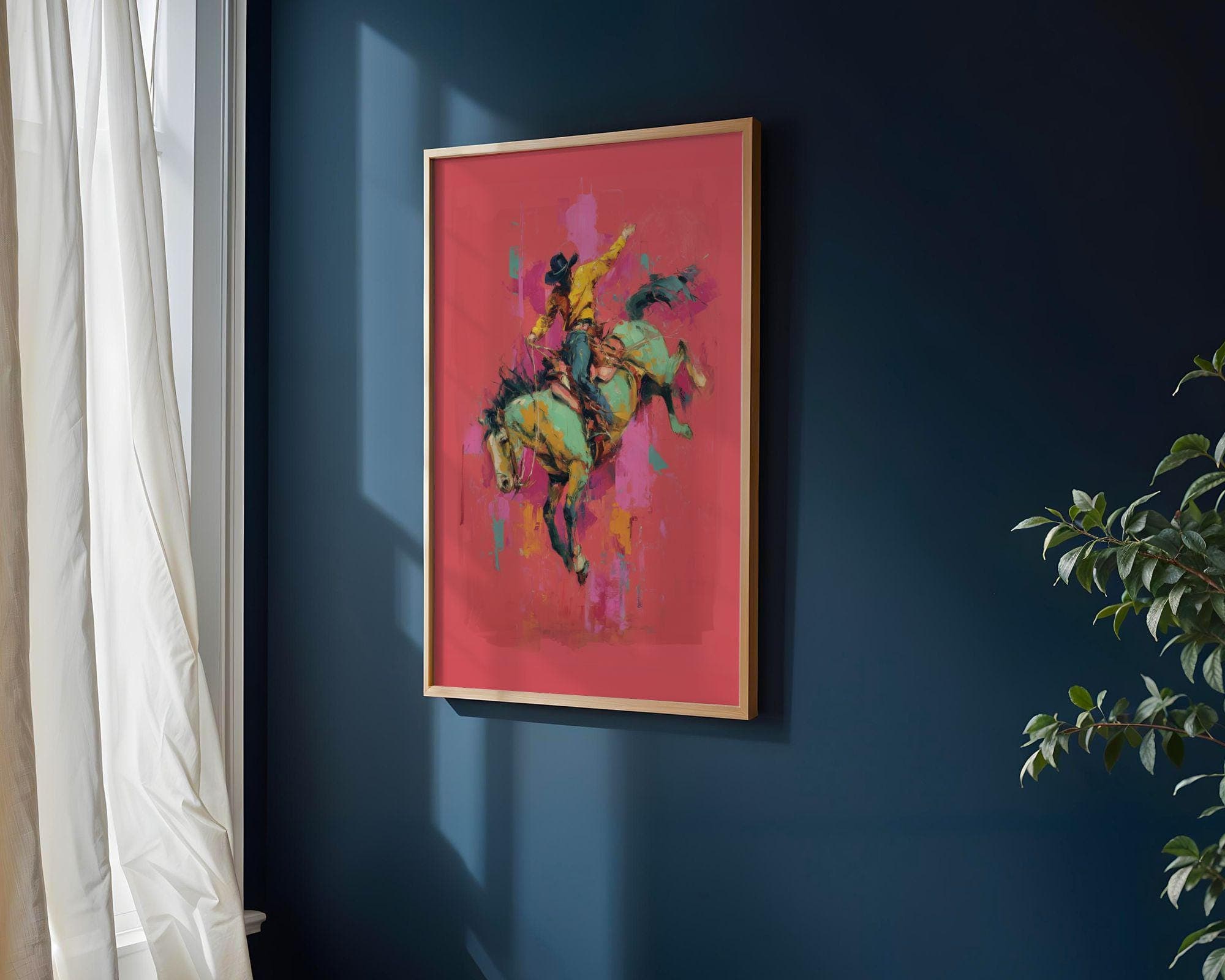 Bucking Bronco Cowboy Wall Art ā Abstract Horse Print, Neon Western Decor, Vibrant Rodeo Art, Abstract Cowboy Decor, Pink Aesthetic Decor - view 2