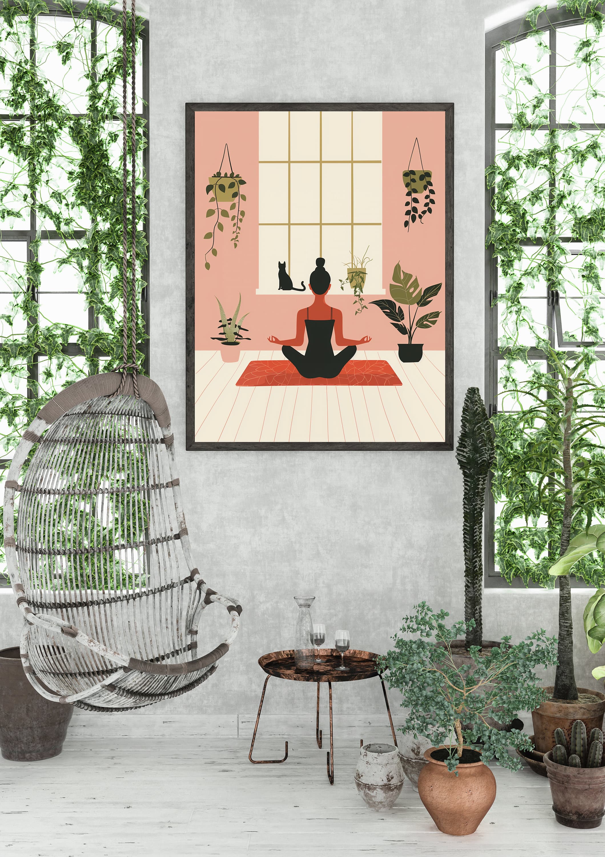 Yoga Cat and Woman Print, Cat Yoga Print, Black Cat Art, Yoga Room Decor,Yoga Lover,Serene Yoga Meditation Art Print, International Cat Day - view 3