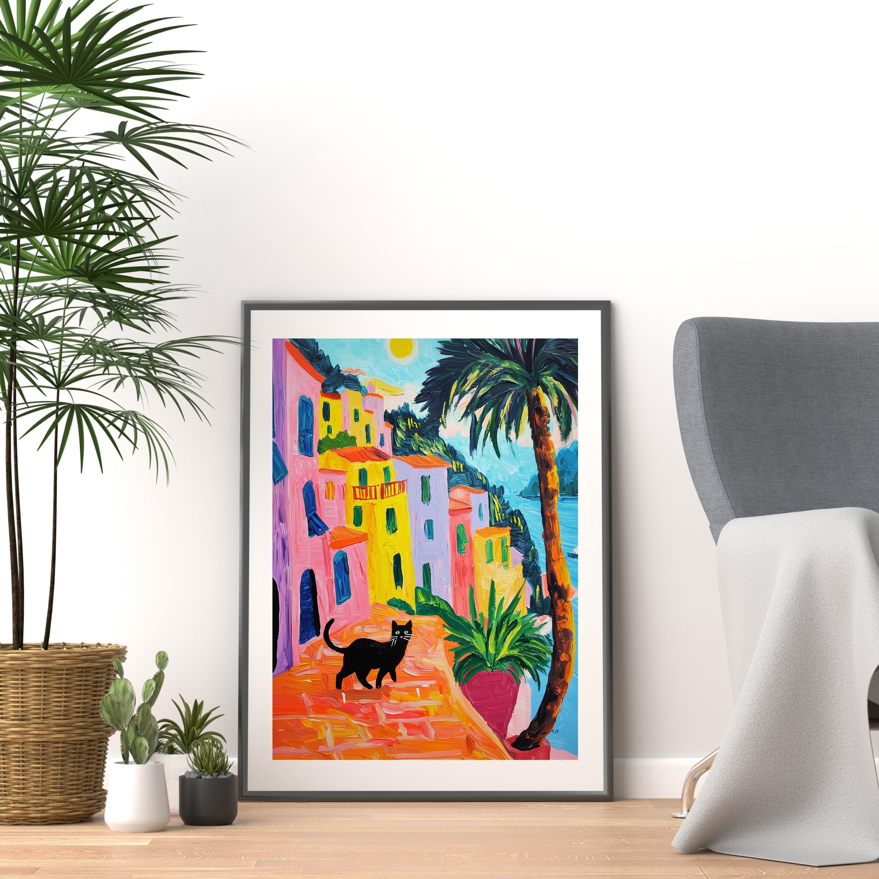 Portofino Print, Cat Print, Beachy Wall Art, Coastal Wall Art, Oil Painting Printable Wall Art, Cat Painting Summer Decor Nautical Wall Art - view 3