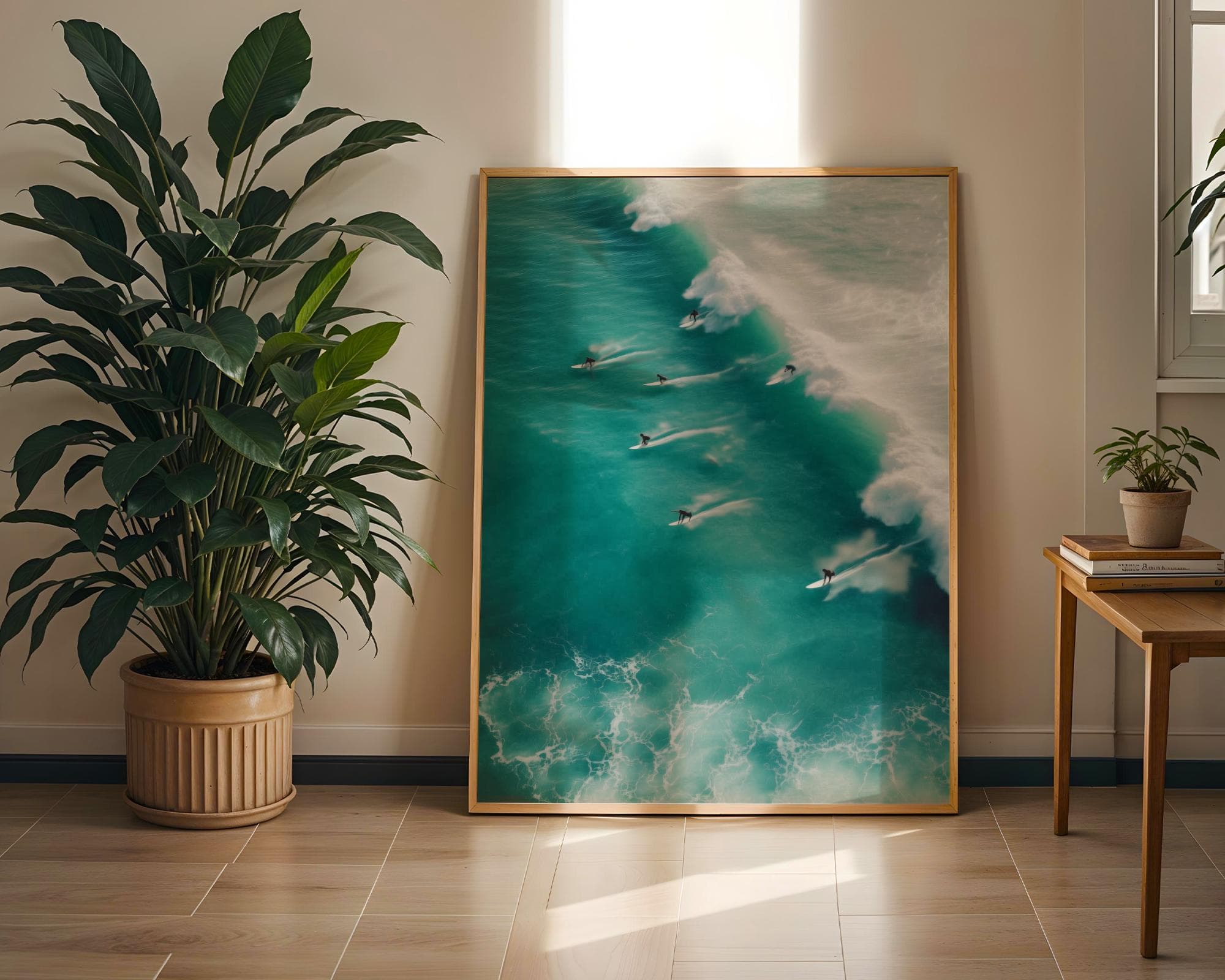 Sage Green Tiny Surfer Wall Art Print, Retro Sun Beach House Decor, Aerial Photo Surfboard, Tiny People Swimming, College Apartment Print - view 3