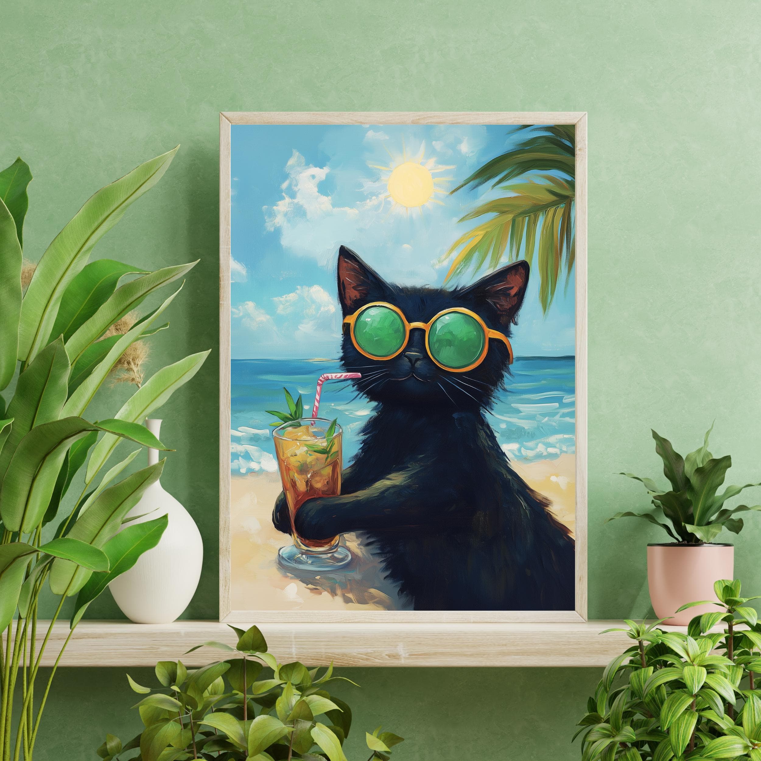 Sunbathing Cat Art Print, Black Cat Digital Poster, Black Cat Oil Painting, Summer Vibes Art Print, Matisse Cat Print, Summer Beach Cat Art - view 6