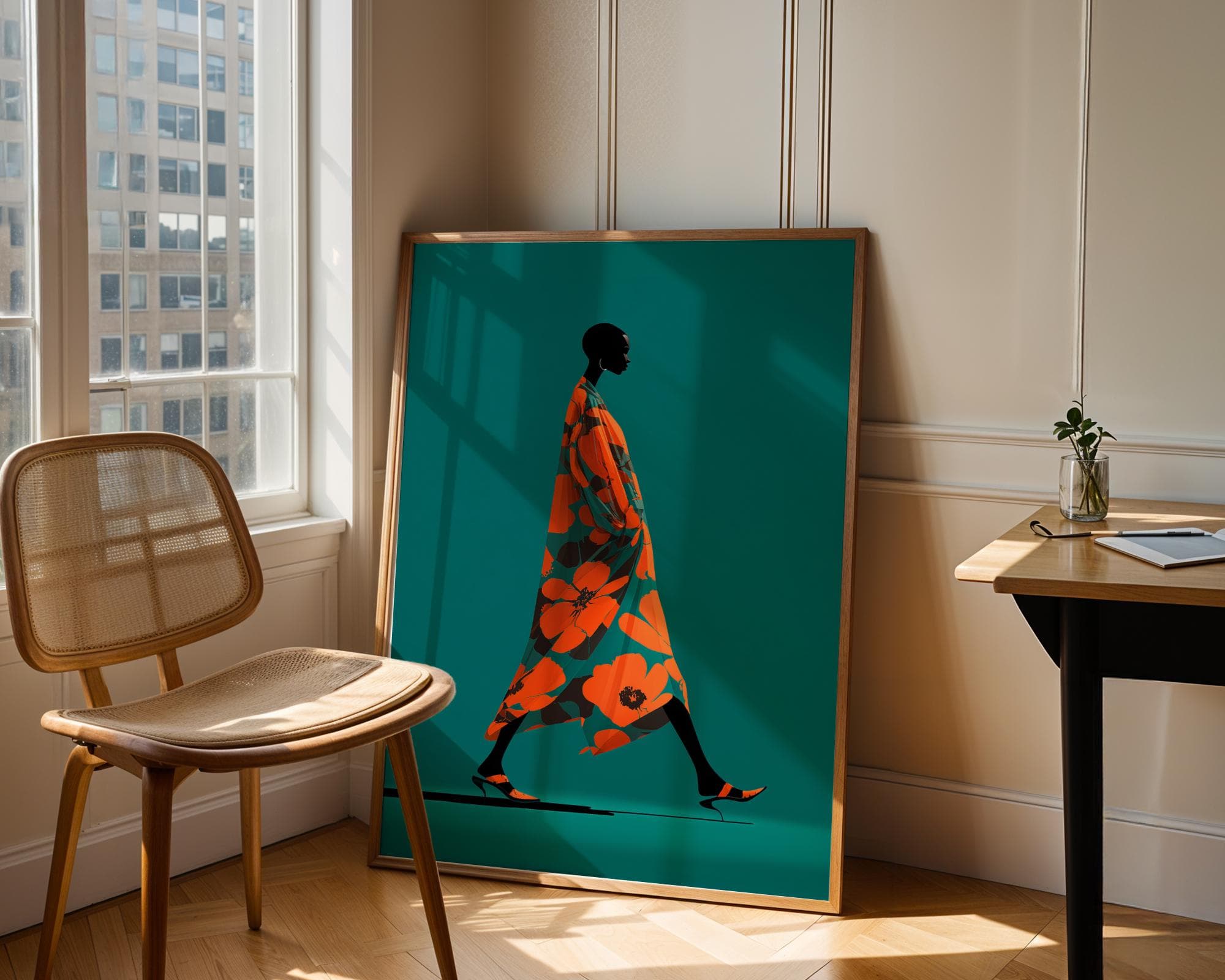 Modern African Woman Wall Art | Bold Floral Dress Illustration | Contemporary Fashion Print, Afrocentric Fashion Wall Art, Modern Boho Print - view 2