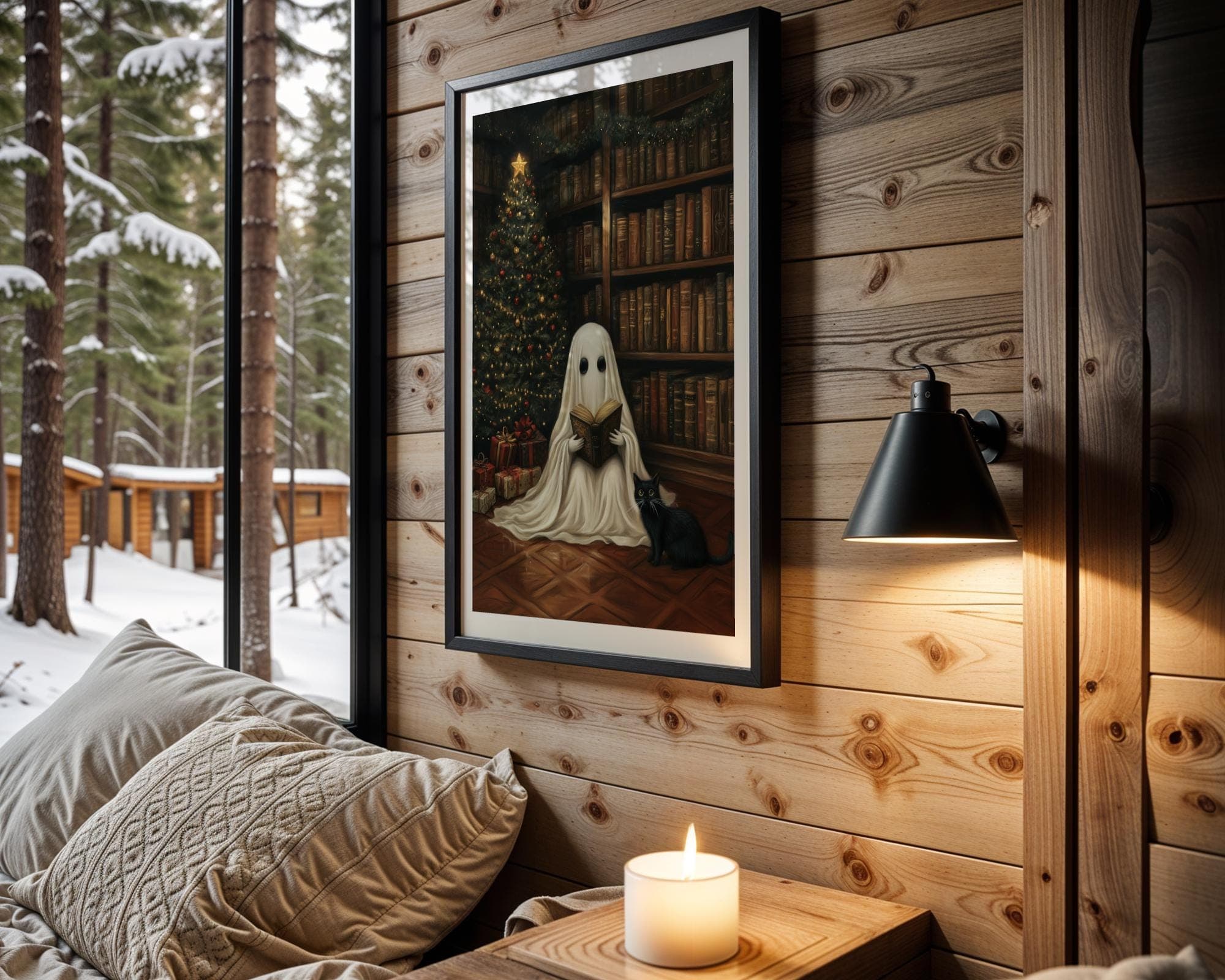 Ghost and Black Cat Wall Art, Spooky Christmas Decor, Whimsical Holiday Wall Art, Halloween and Christmas Art, Digital Download, Ghost Art - view 3