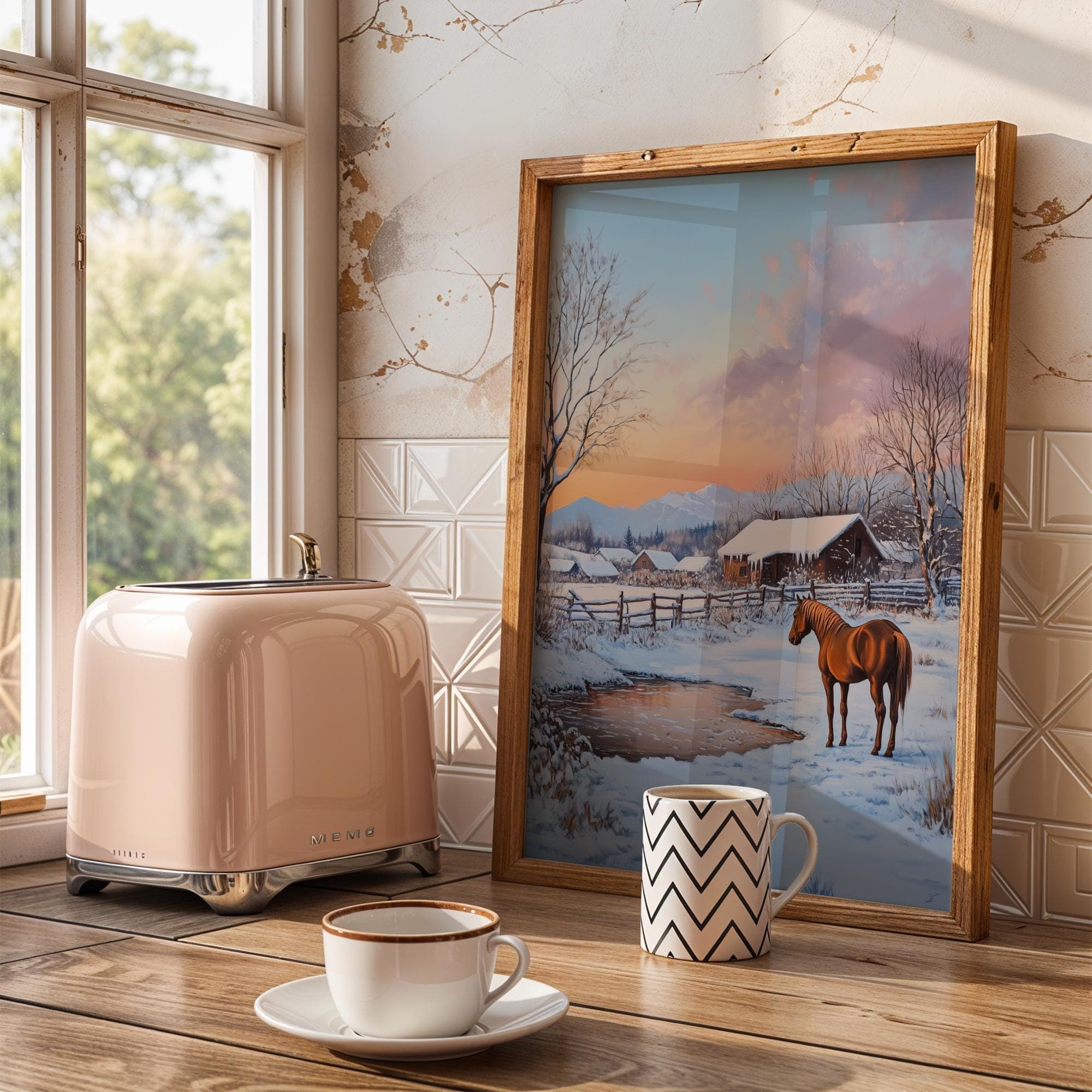 Winter Horse Wall Art, Snowy Farmhouse Landscape Print, Rustic Farm Winter Art, Horse Barn Landscape Painting, Digital Download, Horse Art - view 4