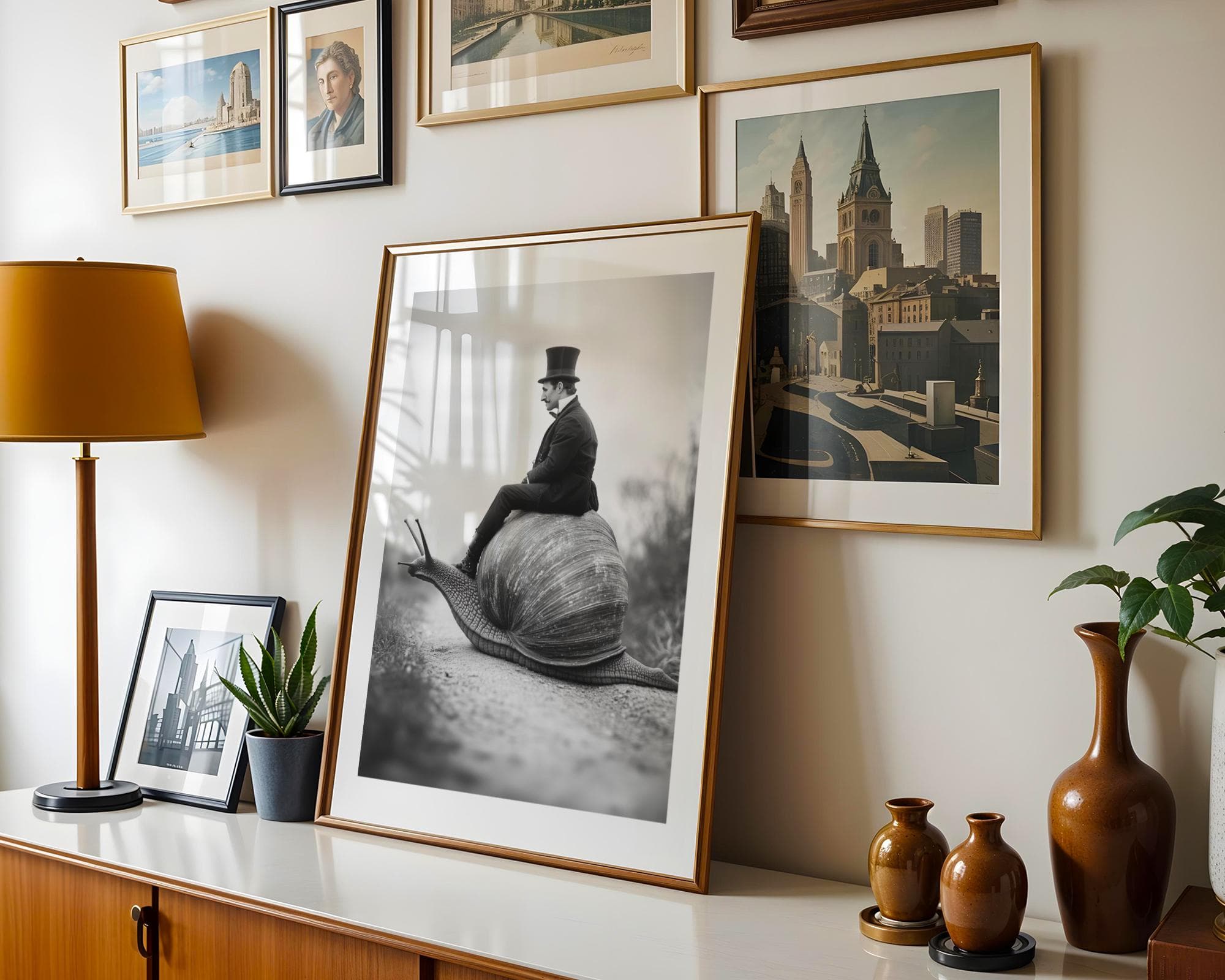 Victorian Gentleman on Giant Snail Wall Art, Surrealist Black and White Fantasy Wall Art, Weird Whimsical Art, Monochrome Surreal Decor - view 2