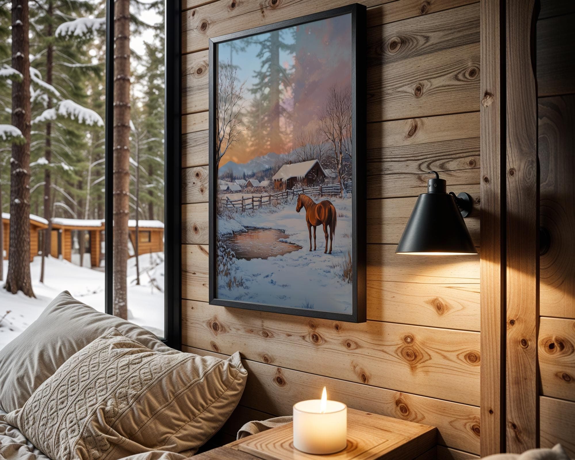 Winter Horse Wall Art, Snowy Farmhouse Landscape Print, Rustic Farm Winter Art, Horse Barn Landscape Painting, Digital Download, Horse Art - view 7