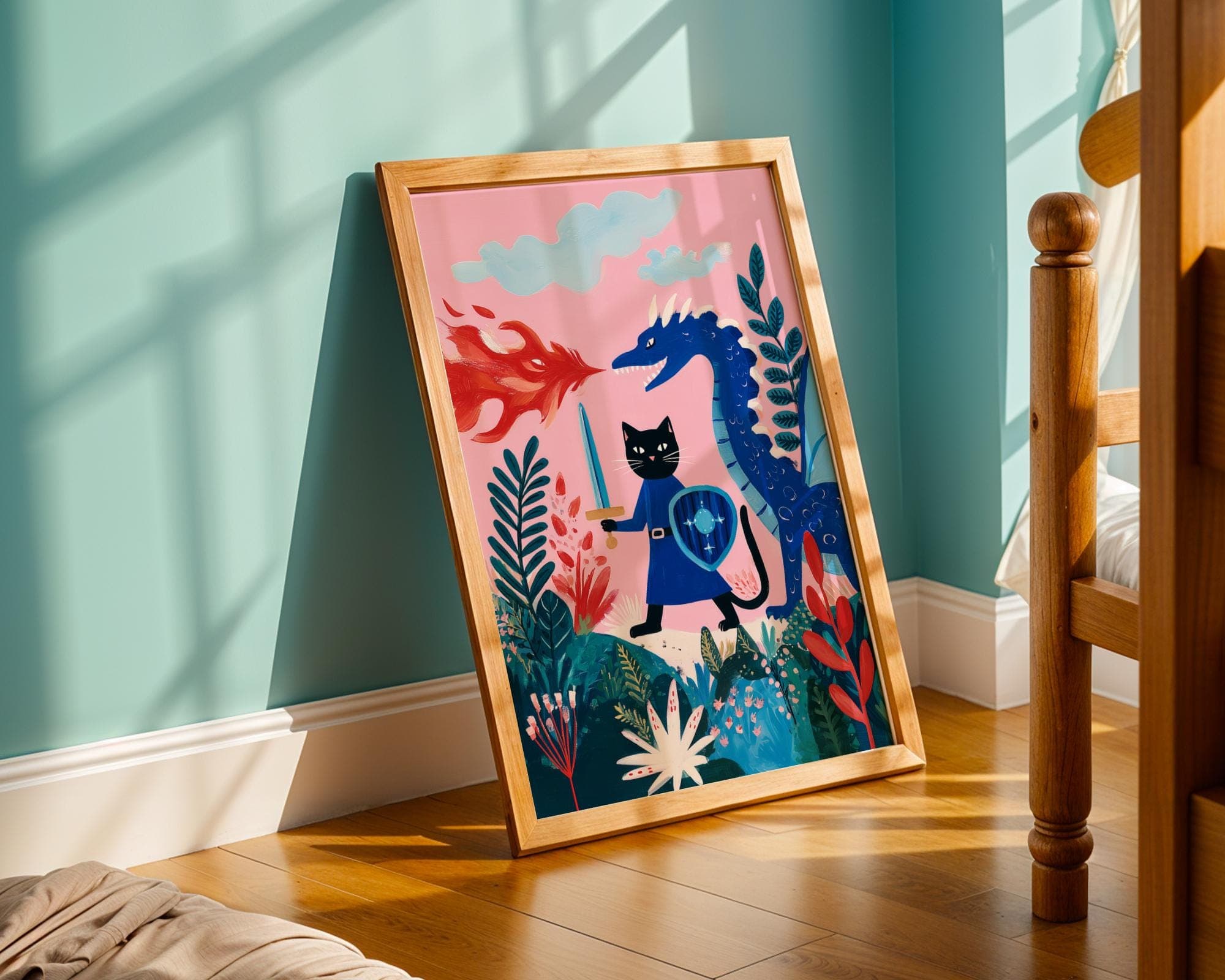 Fantasy Cat Knight Wall Art β Whimsical Dragon Battle Print, Pink Fantasy Kids Wall Art, Whimsical Black Cat Wall Art, Digital Download - view 2