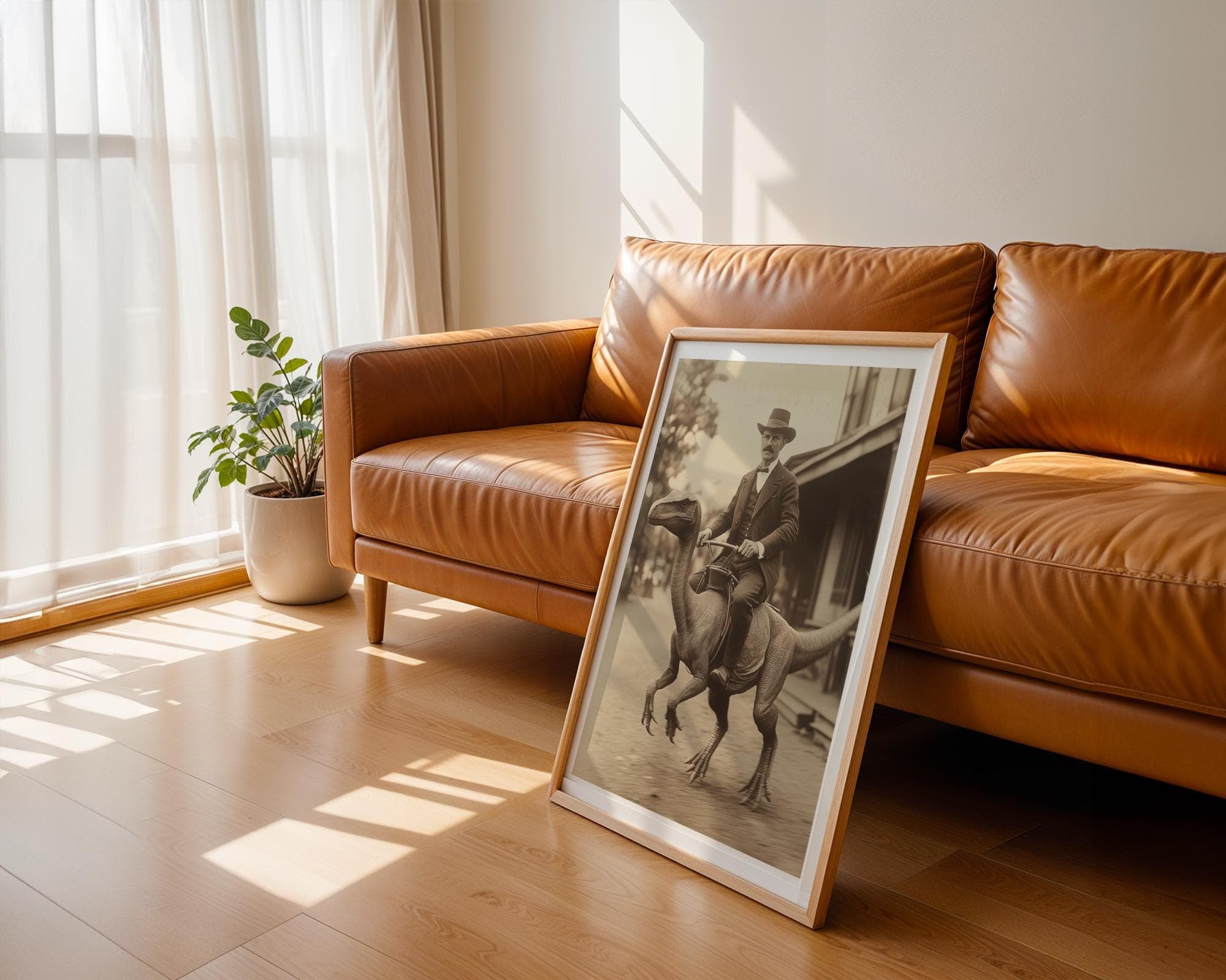 Dapper Man Riding Dinosaur Art β Vintage Western Wall Decor, Office & Man Cave Decor, Retro Sci Fi Wall Art for Steampunk Decor, Western Art - view 6