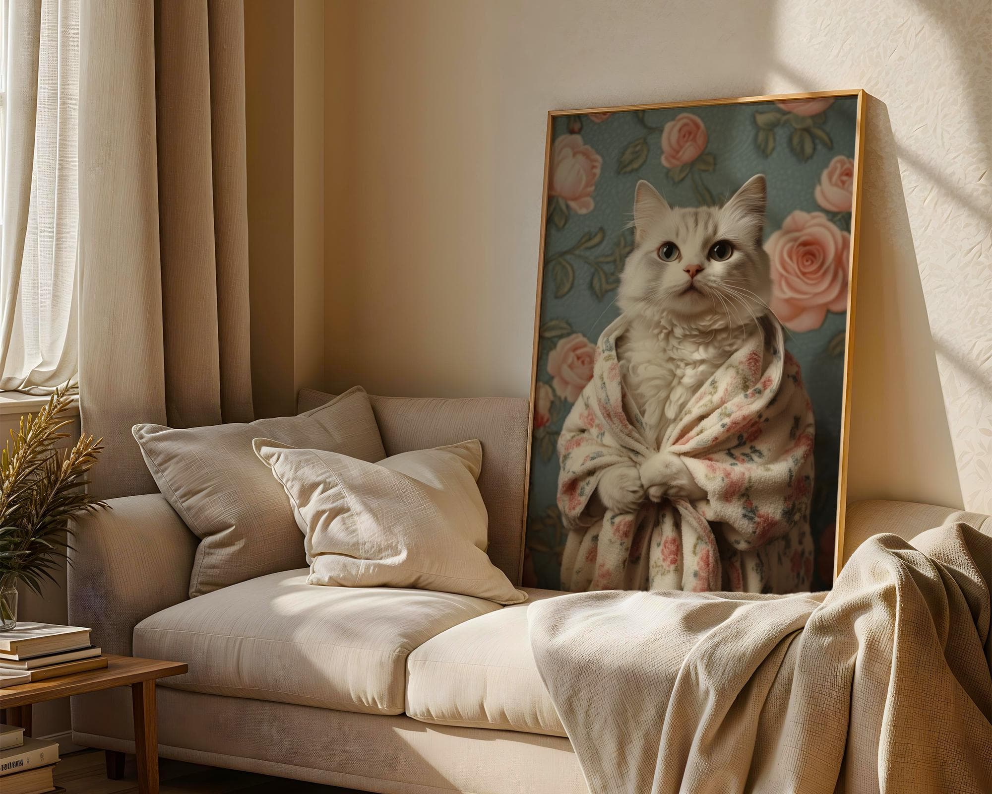 Tabby Cat in Bathrobe DIGITAL DOWNLOAD, Cat PRINTABLE Wall Art, Fluffy White Cat Wall Art - Vintage Floral Digital Print, Cute Cat Wall Art - view 4