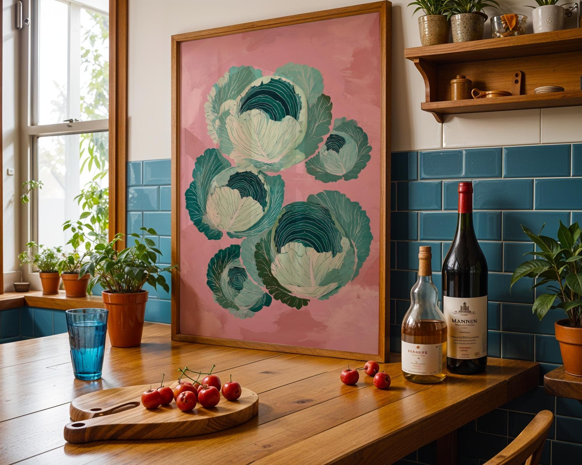 Green Cabbage Wall Art, Green Vegetable Print, Rustic Kitchen Decor, Pink Aesthetic Kitchen Decor, Digital Download, Vegetable Print - view 4