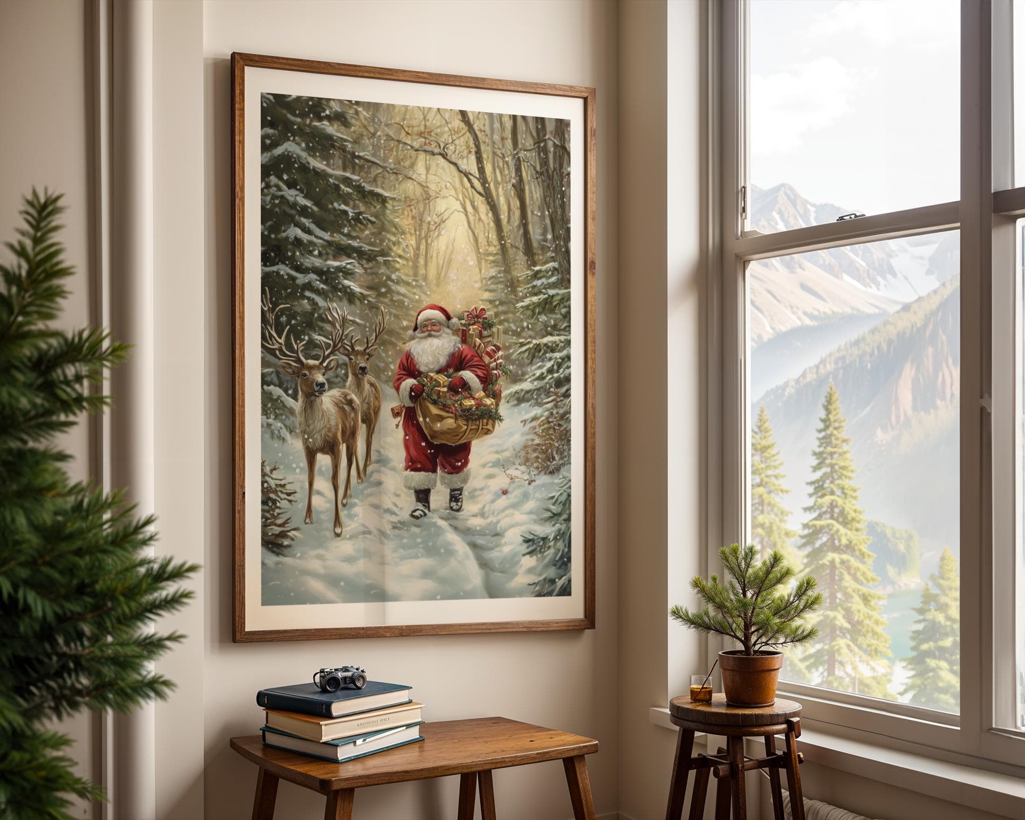 Santa Claus and Deer Painting - Rustic Holiday Wall Art for Christmas, Christmas Wall Art, Digital Download, Holiday Wall Decor, Santa Print - view 3