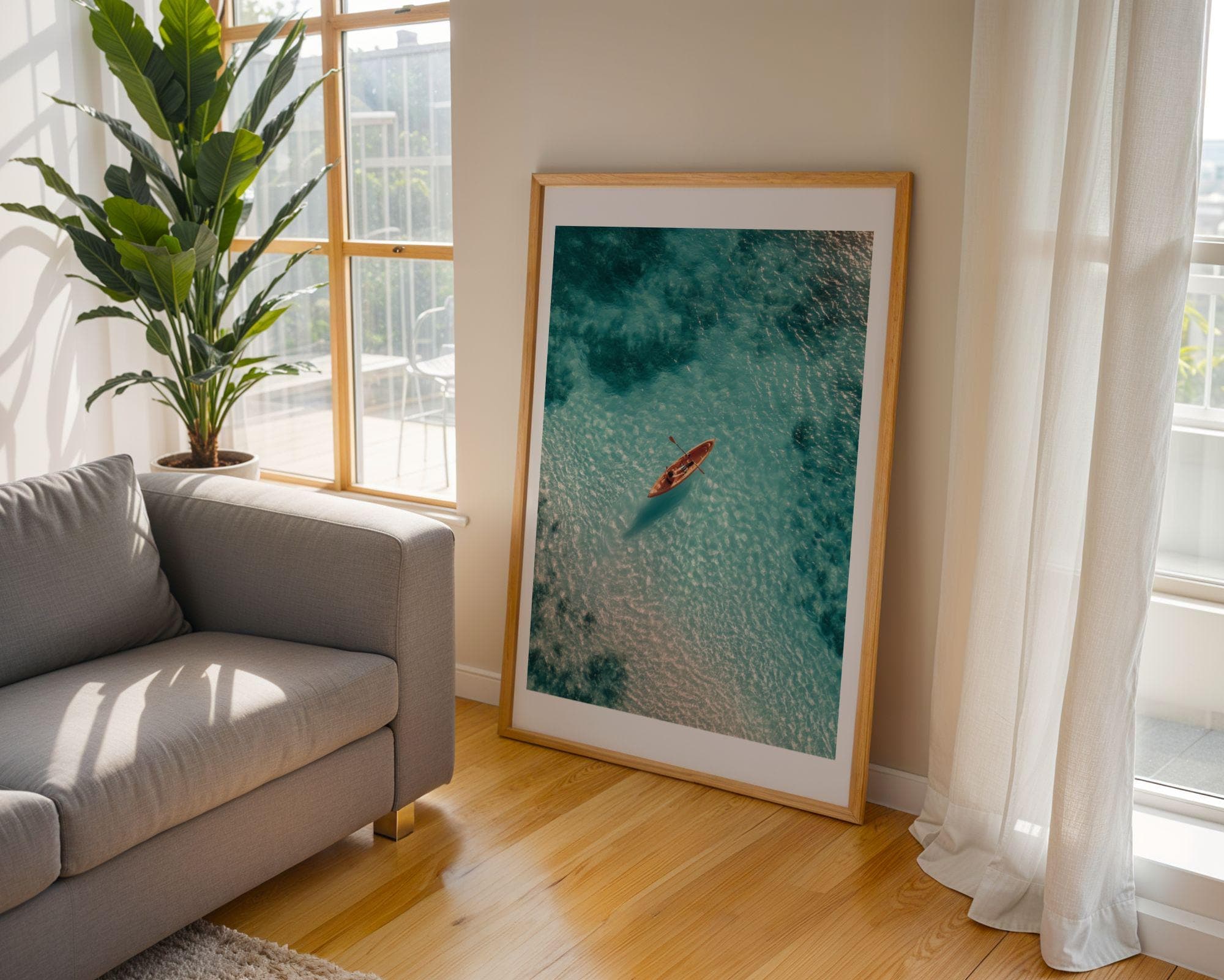 Aerial Ocean Print, Aerial Coastal Wall Print, Turquoise Beach Aerial Art – Kayaker Wall Print, Digital Download, Minimal Coastal Print - view 2