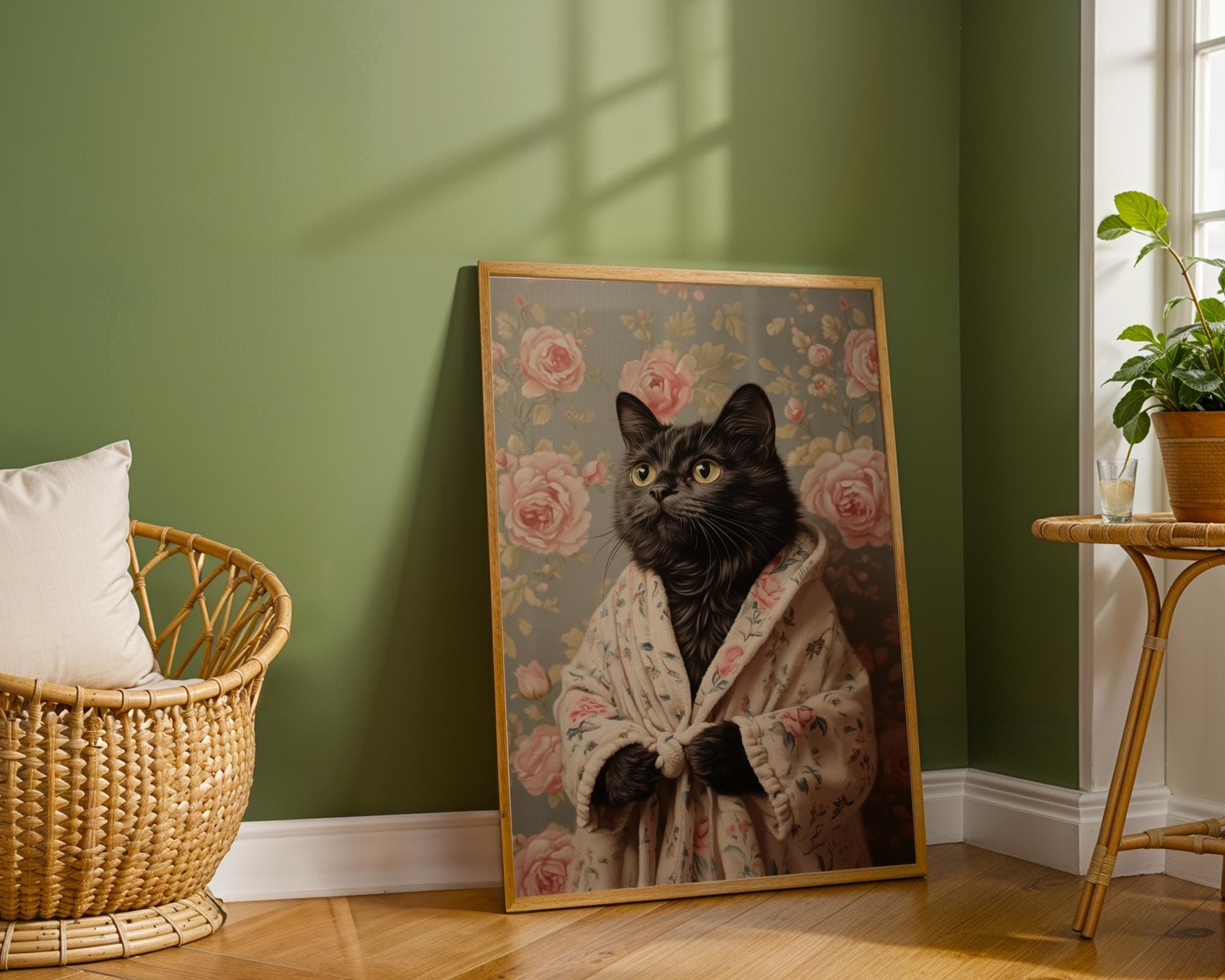 Fluffy Black Cat Portrait Digital Download, Cat Printable Wall Art, Black Cat in Bathrobe Wall Art, Whimsical Black Cat Art, Floral Cat Art - view 5