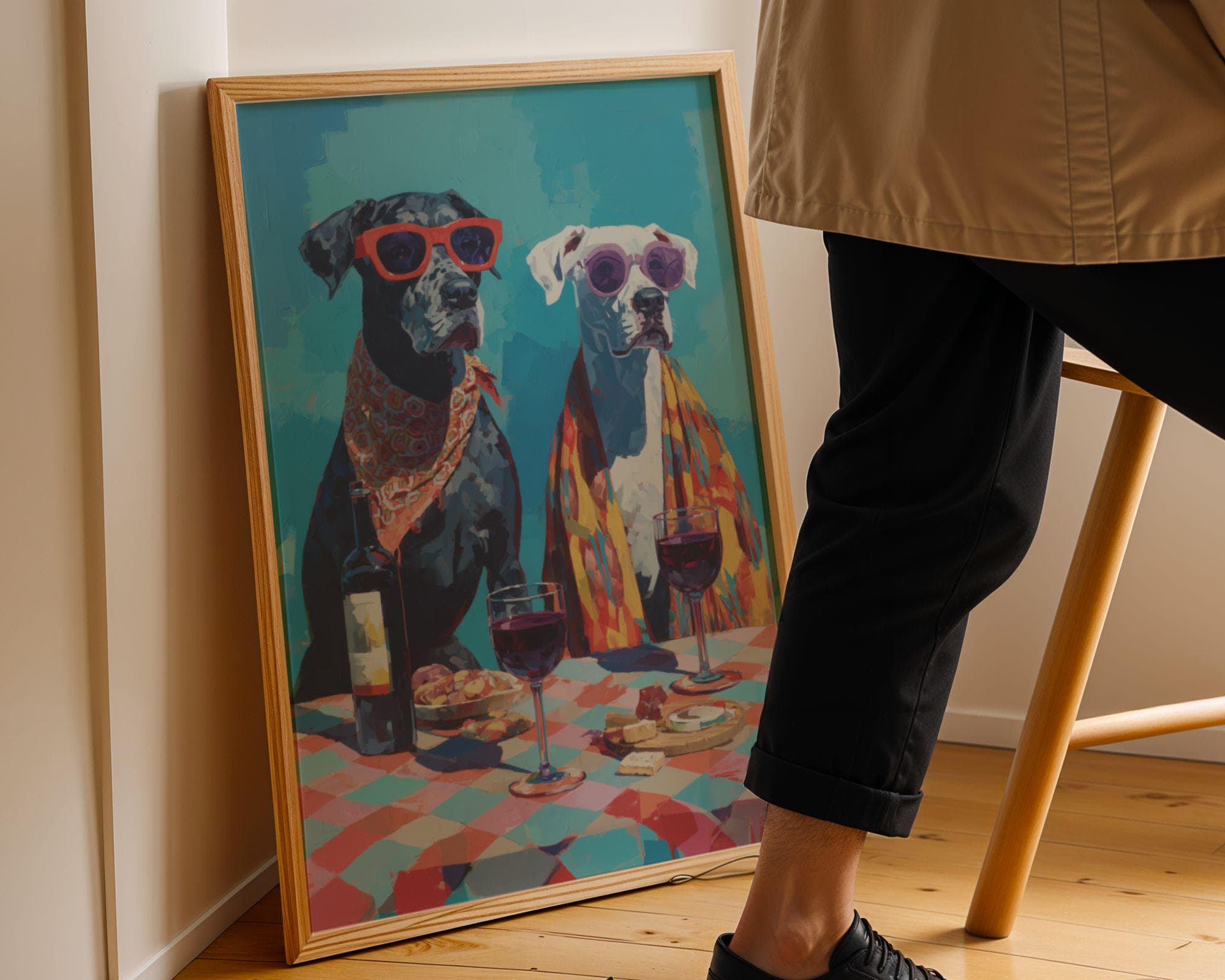 Funny Dog Couple Wall Art, Wine Lover Dog Print, Whimsical Animal Painting, Colorful Pet Portrait Kitchen Dining Room Decor, Wine Lover Gift - view 6