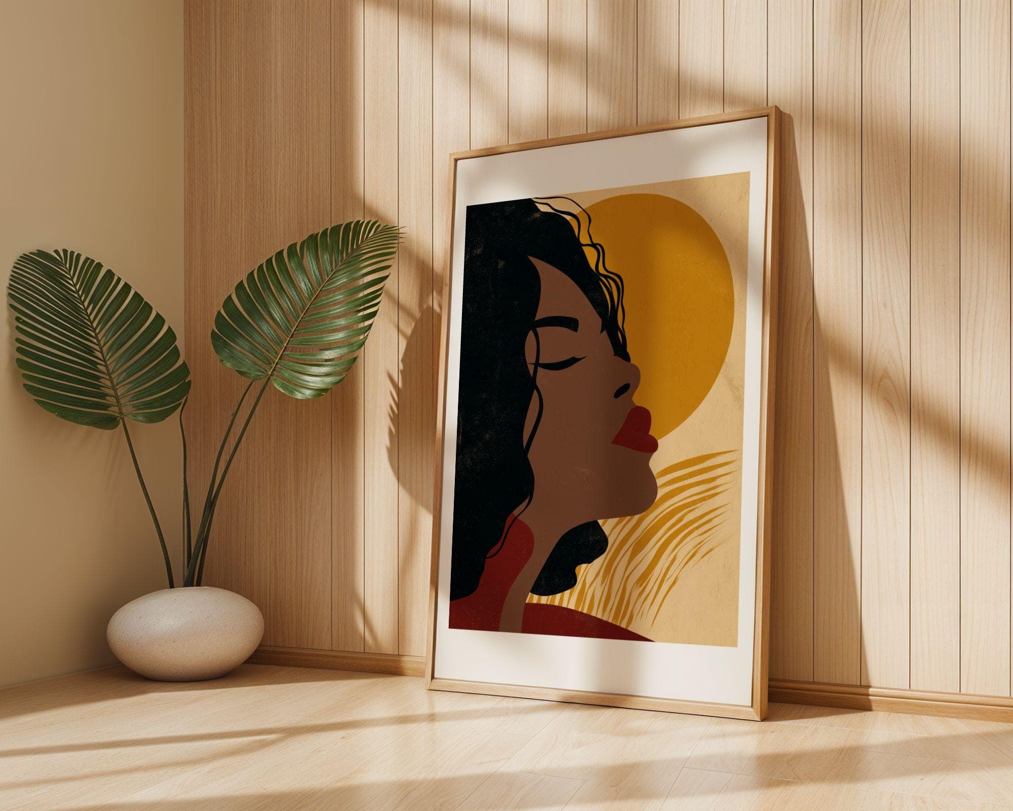 Black Woman Wall Art, Red Lips Portrait, Golden Sun, Boho Neutral Decor Print, Modern Afrocentric Decor, Earthy Neutral Art, Digital Print - view 5