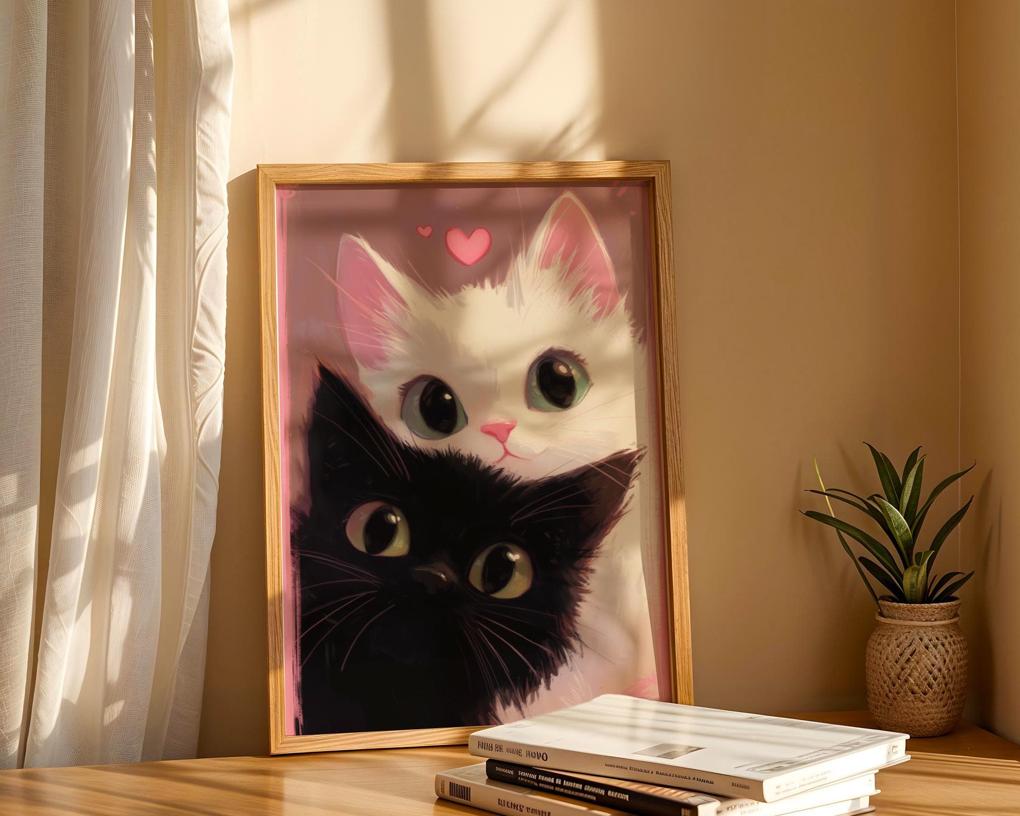 Adorable Black and White Cats Wall Art – Romantic Feline Illustration, Nursery Cat Wal Decor – Kidsroom Art, Kidsroom Cat Art, Printable Cat - view 7