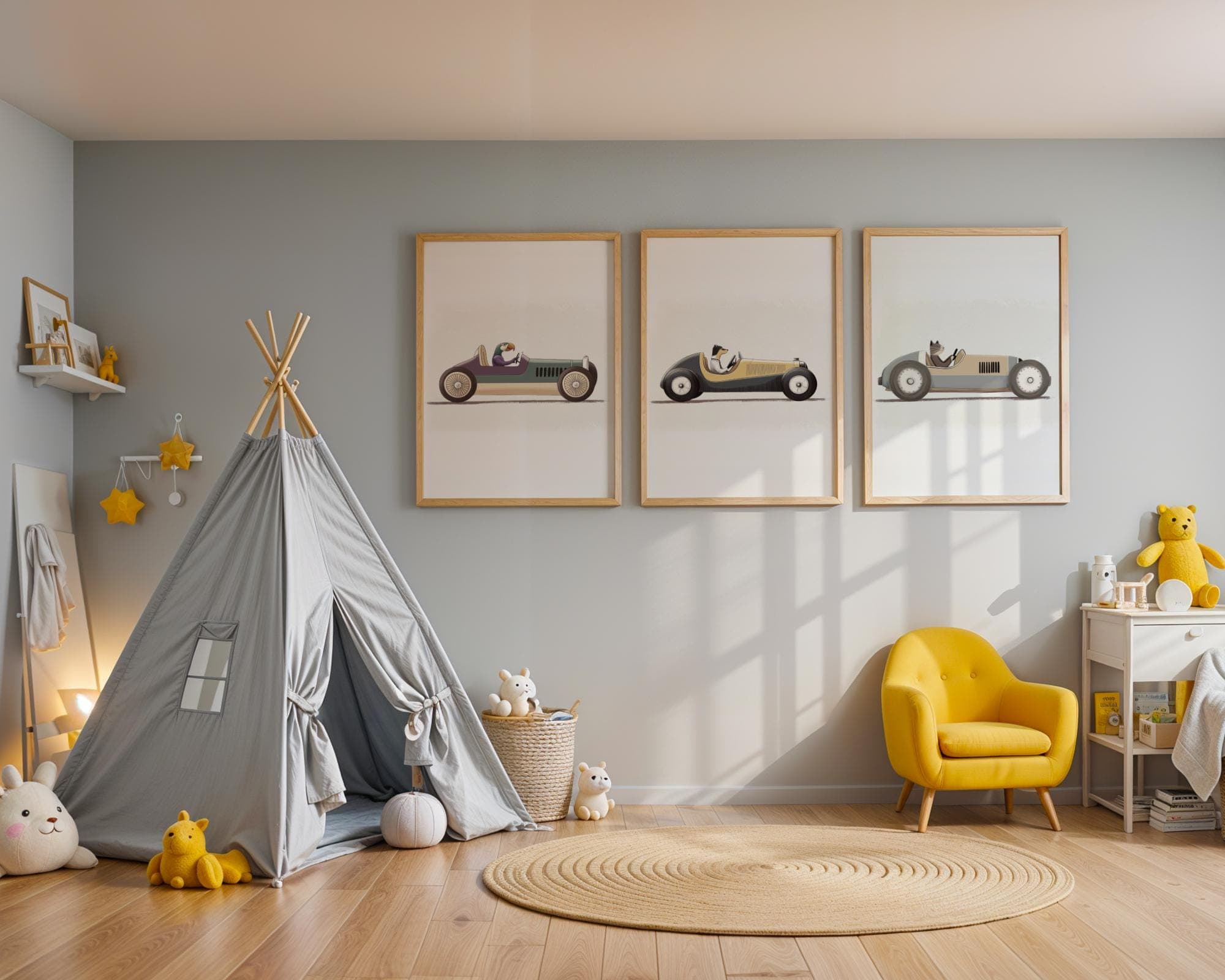 Racing Car Animal Wall Art, Set of 3 Nursery Animal Decor, Animal Driving Vintage Car Art, Playful Wall Print, Racing Animal Illustration - view 5