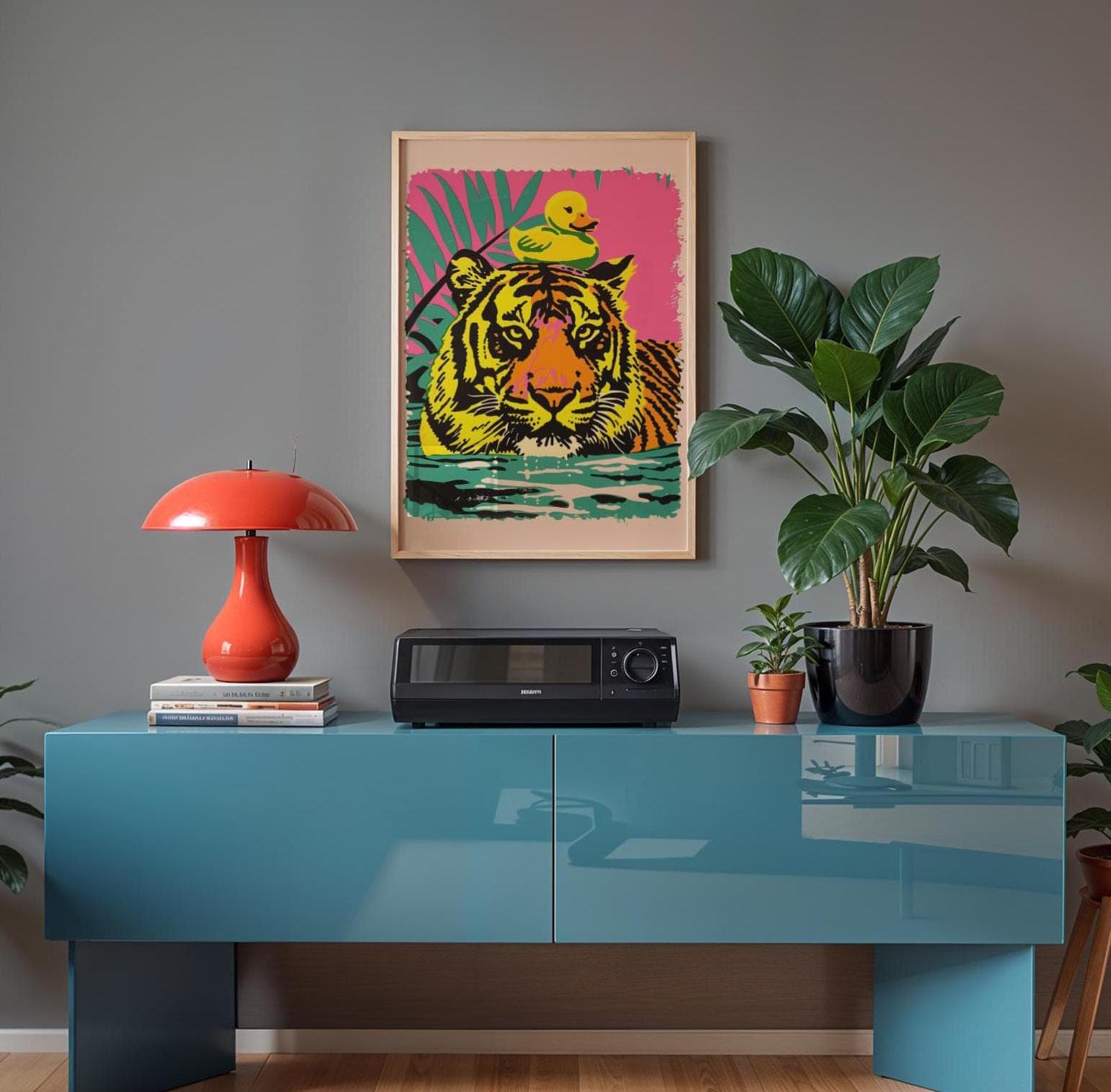 Pop Art Tiger Print with Yellow Duck, Modern Quirky Decor (Digital Download) - view 5