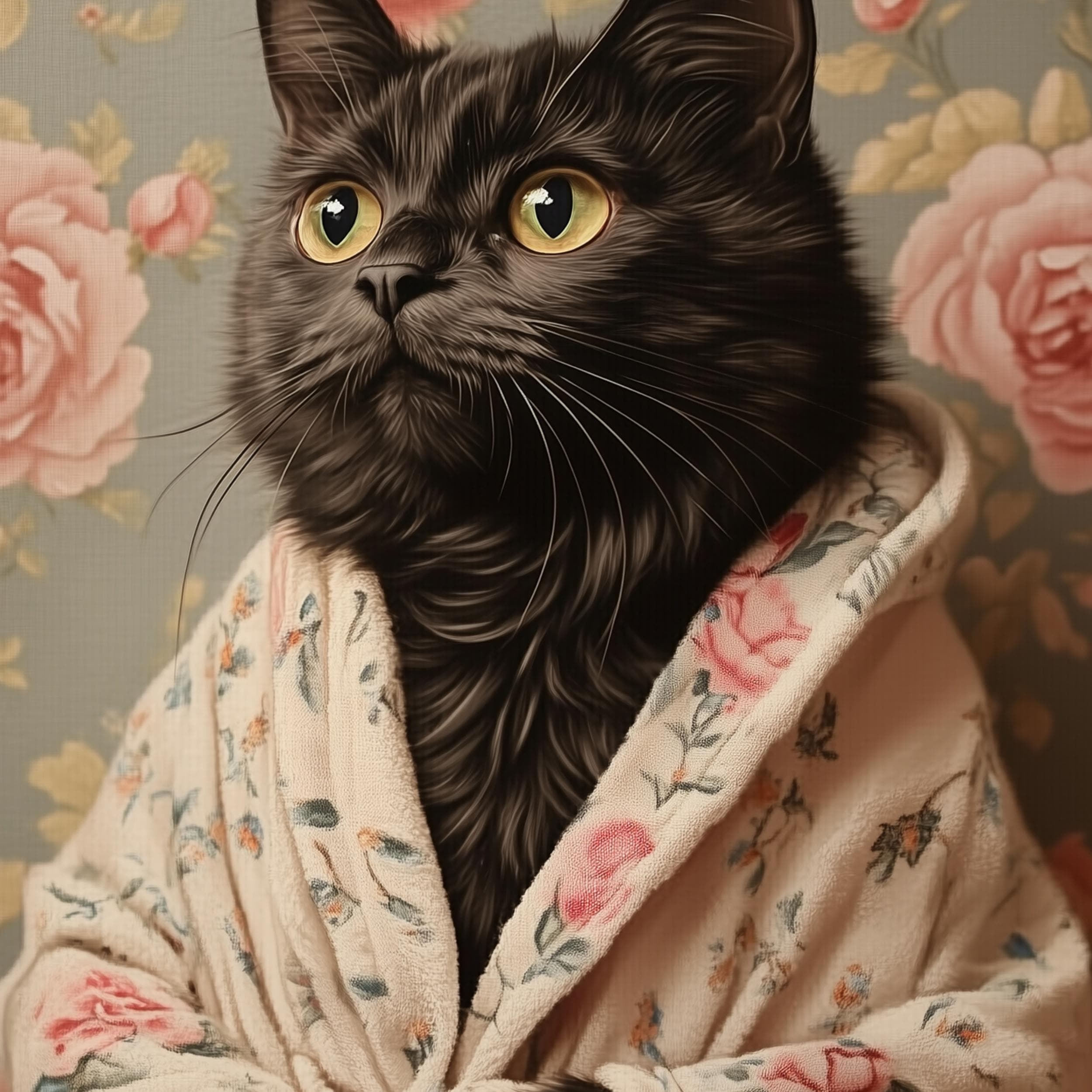 Fluffy Black Cat Portrait Digital Download, Cat Printable Wall Art, Black Cat in Bathrobe Wall Art, Whimsical Black Cat Art, Floral Cat Art - view 2