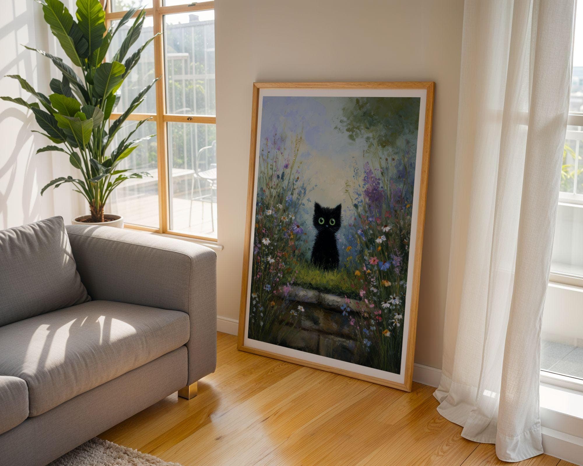 Black Cat in Wildflower Garden Wall Art, Whimsical Black Cat Poster, OilPaint Print, Colorful Floral Decor, Black Cat Aesthetic,Charming Cat - view 4
