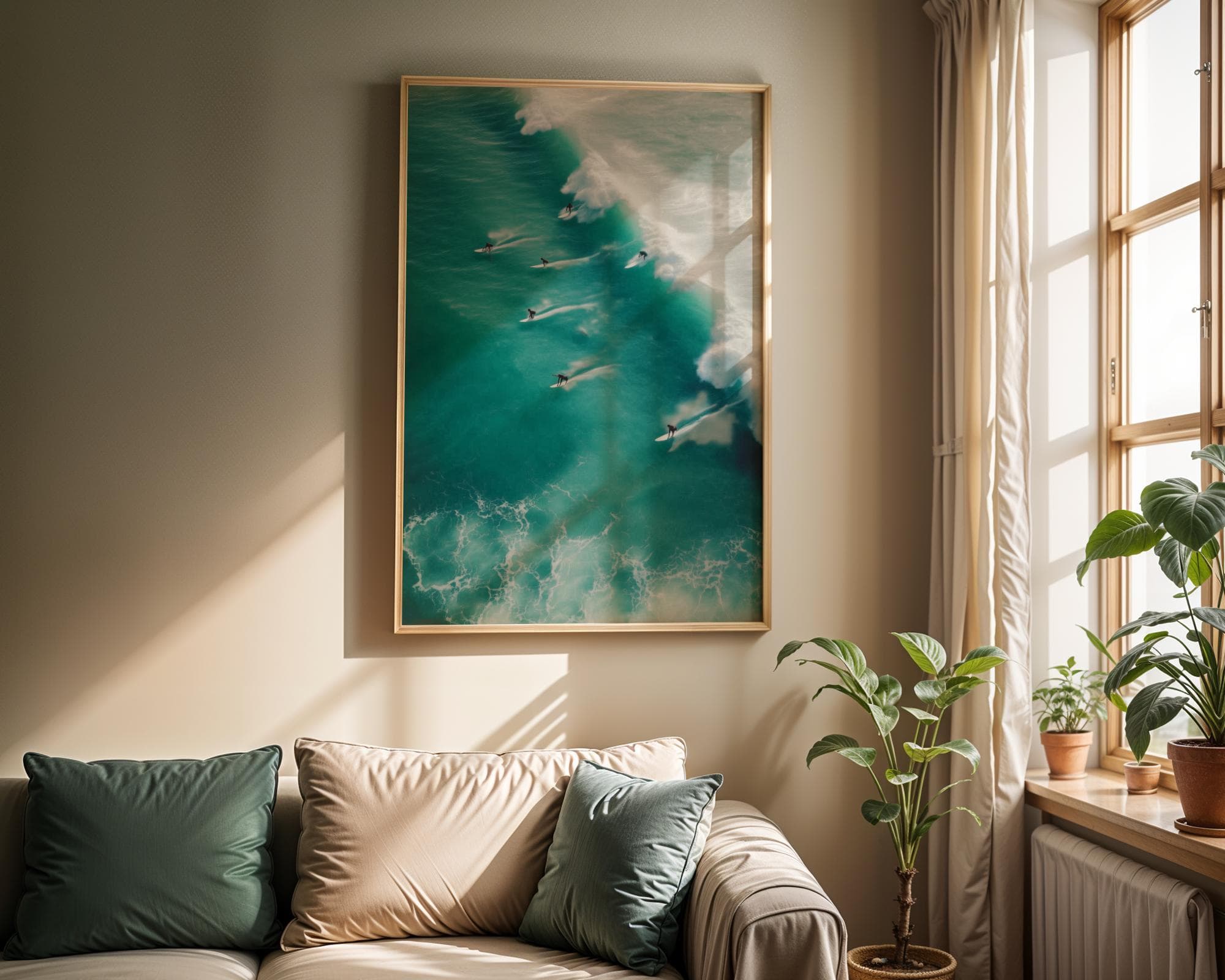 Sage Green Tiny Surfer Wall Art Print, Retro Sun Beach House Decor, Aerial Photo Surfboard, Tiny People Swimming, College Apartment Print - view 4