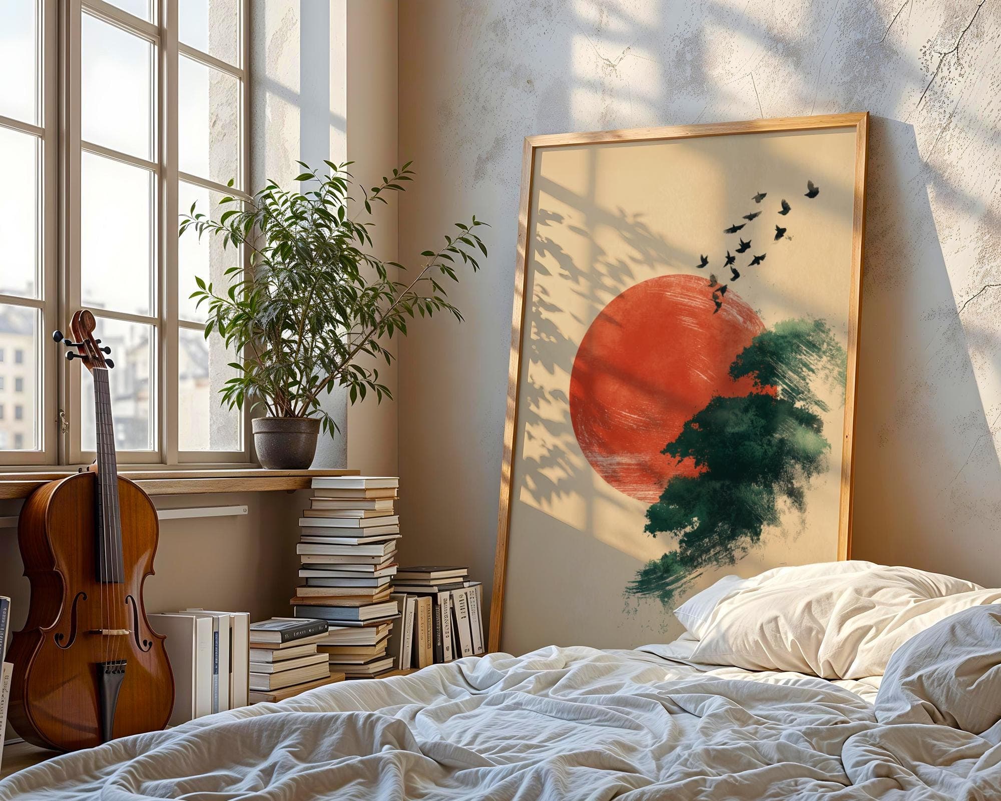 Japandi Minimalist Wall Art | Red Sun and Flying Birds Print | Zen Nature Landscape Painting for Modern Home Decor, Modern Oriental Art - view 2