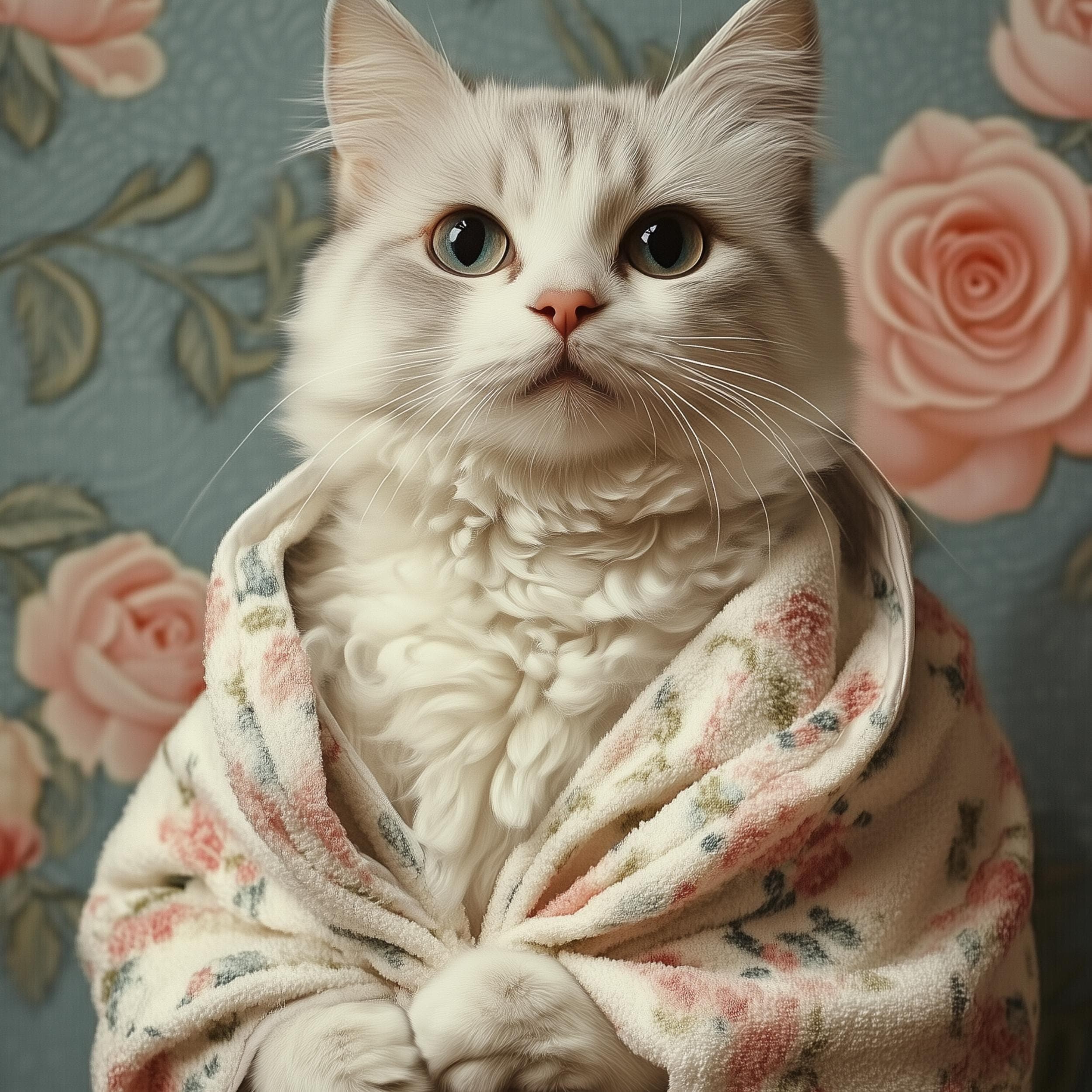 Tabby Cat in Bathrobe DIGITAL DOWNLOAD, Cat PRINTABLE Wall Art, Fluffy White Cat Wall Art - Vintage Floral Digital Print, Cute Cat Wall Art - view 2