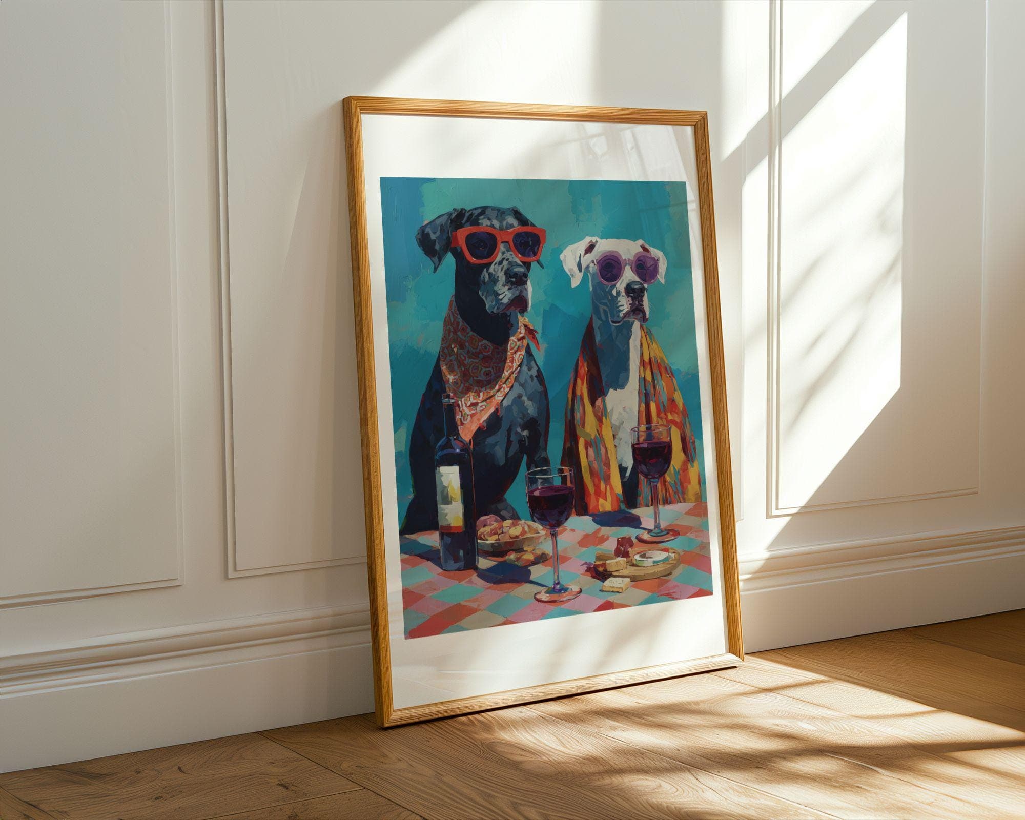 Funny Dog Couple Wall Art, Wine Lover Dog Print, Whimsical Animal Painting, Colorful Pet Portrait Kitchen Dining Room Decor, Wine Lover Gift - view 3
