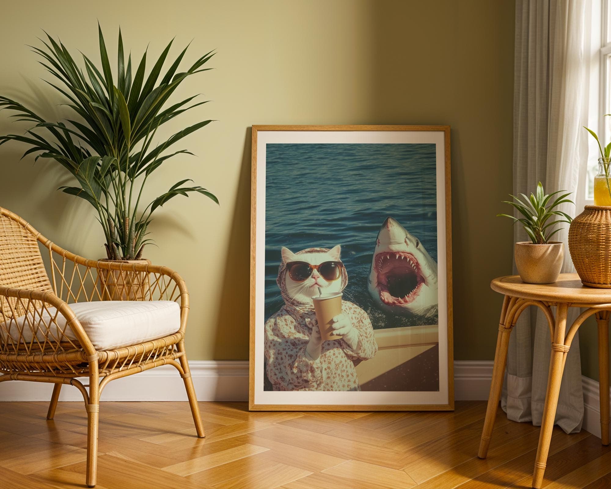 Funny Cat and Shark Wall Art, Funny Animal Art, Quirky Art Print, Quirky Cat Poster, Maximalist Cat Wall Art, Humorous Poster, Digital Art - view 6