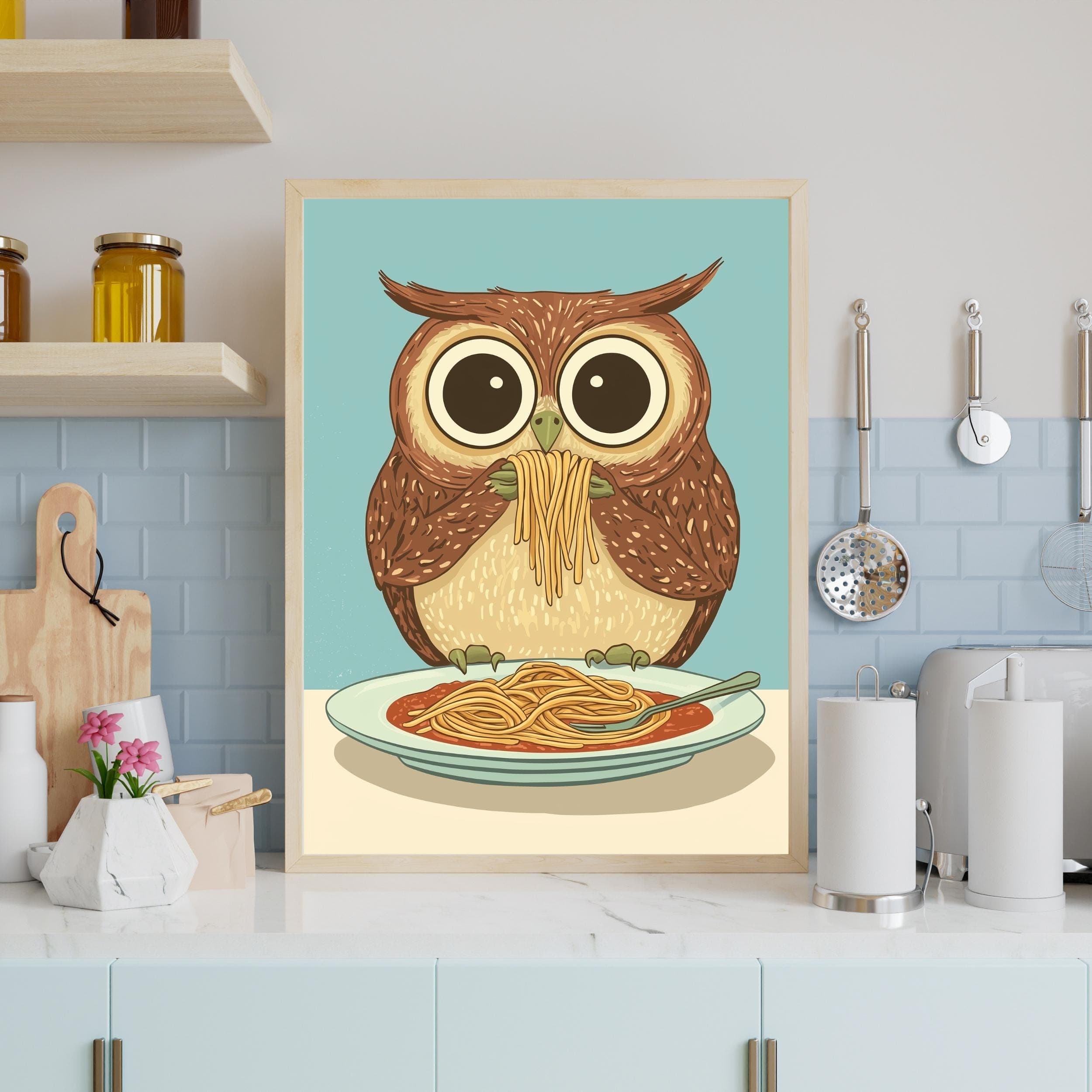 Owl Spaghetti Art Print,Whimsical Owl Kitchen Decor, Owl Pasta Print, Charming Owl Kitchen Print, Maximalist Owl Art, Owl Wall Prints - view 3