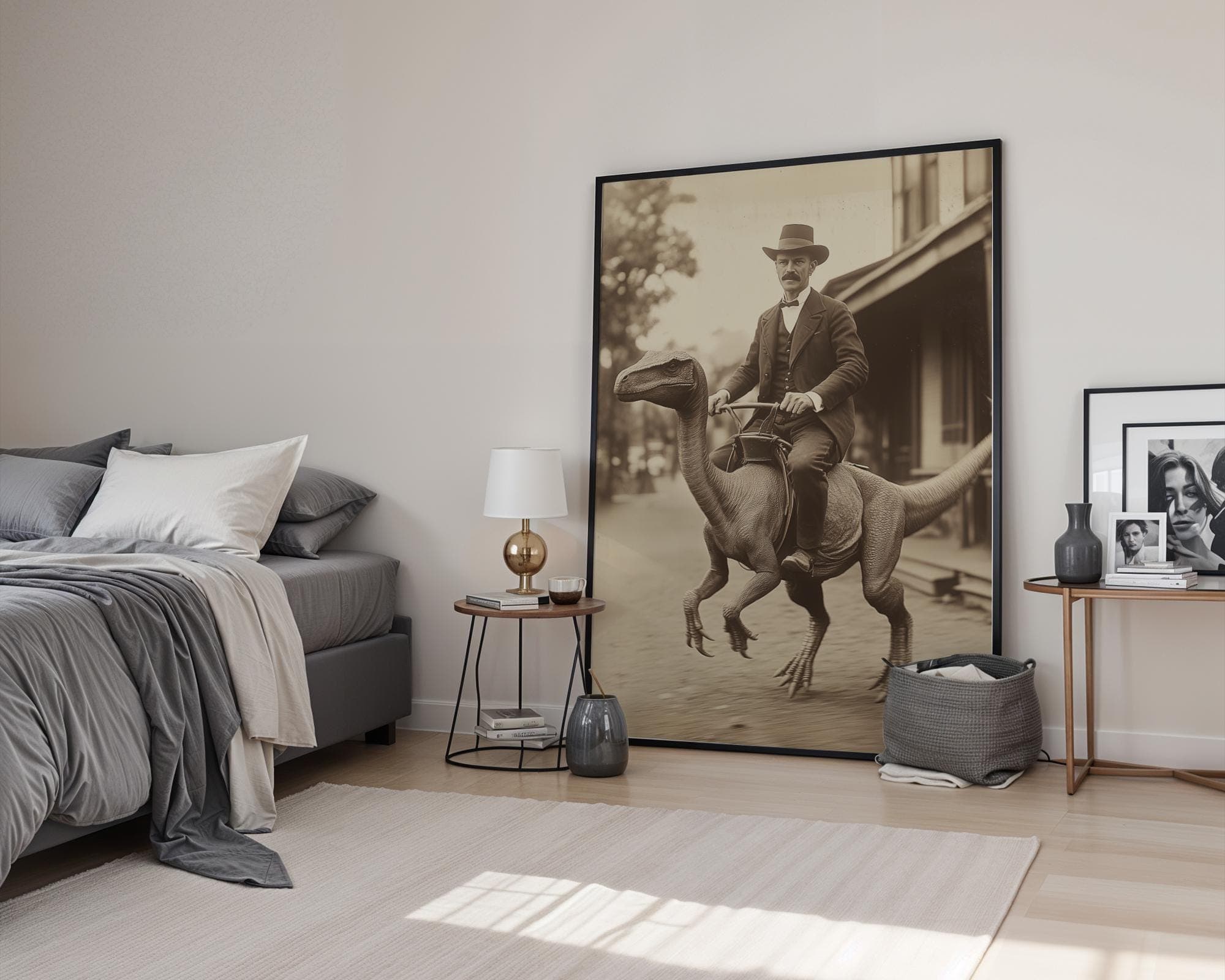 Dapper Man Riding Dinosaur Art β Vintage Western Wall Decor, Office & Man Cave Decor, Retro Sci Fi Wall Art for Steampunk Decor, Western Art - view 5