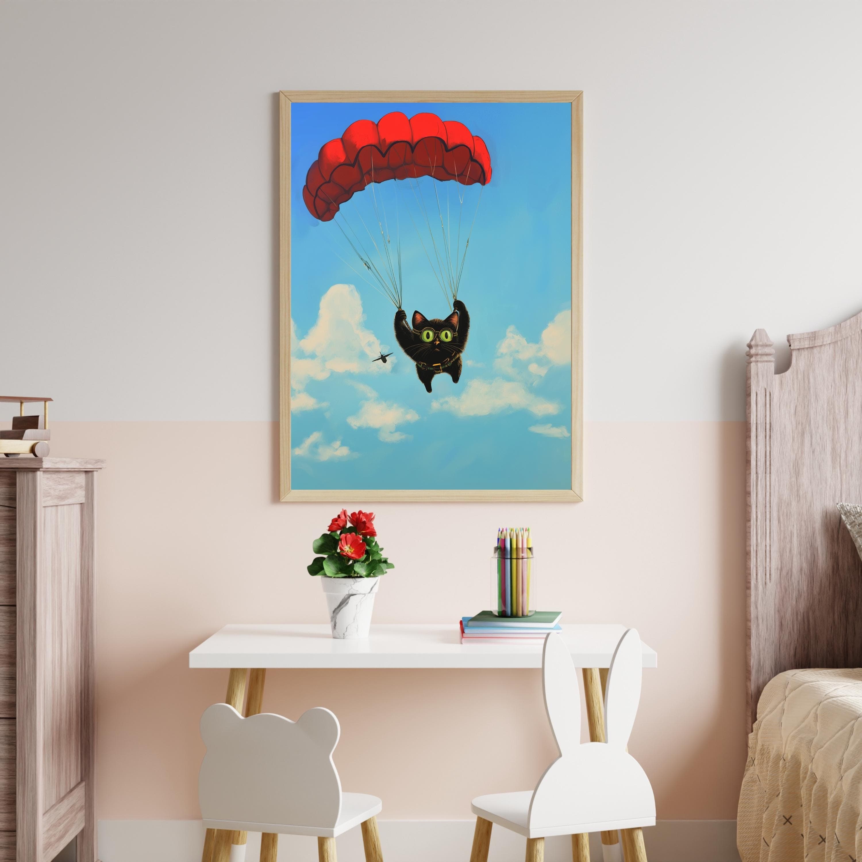 Black Cat Parachuting Art Print, Whimsical Black Cat Decor, Matisse Style, Digital Art Print, Colorful Black Cat Art, Oil Painting Black Cat - view 5
