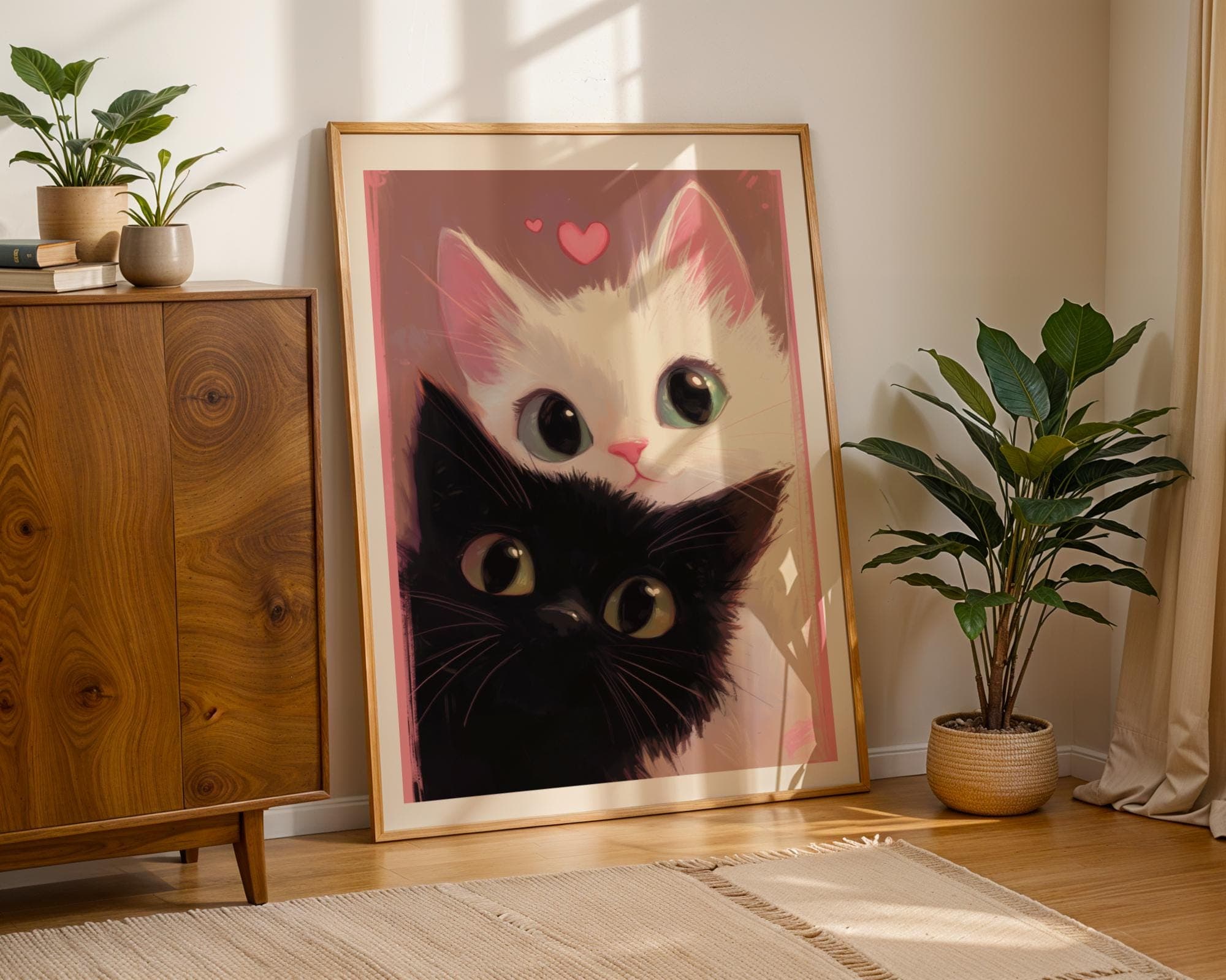 Adorable Black and White Cats Wall Art – Romantic Feline Illustration, Nursery Cat Wal Decor – Kidsroom Art, Kidsroom Cat Art, Printable Cat - view 2