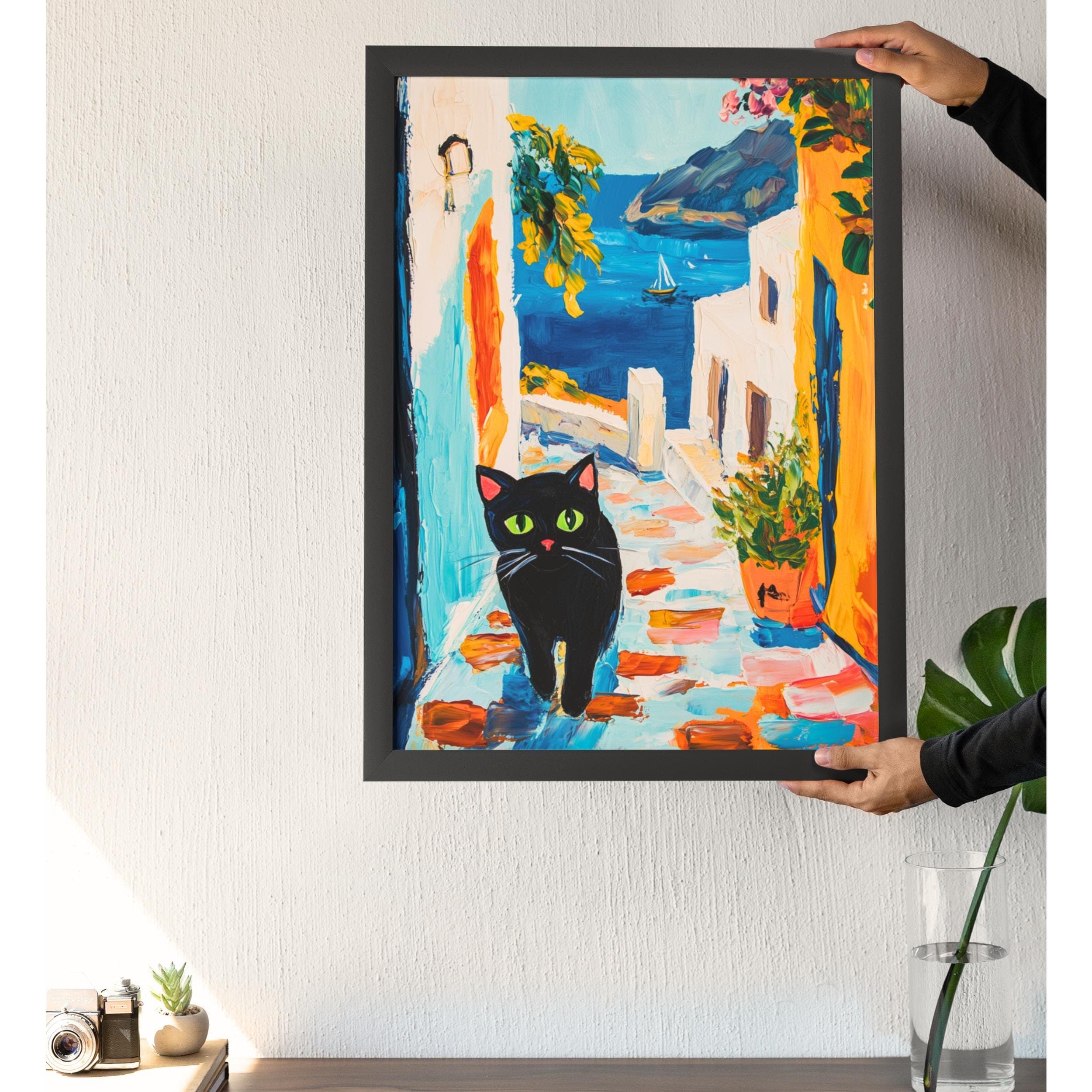 Santorini Cat Art Print, Greek Island Illustration, Travel Art, Greek Islands Wall Art, Cat Wall Art, Colorful Vibrant Housewarming Gift - view 4
