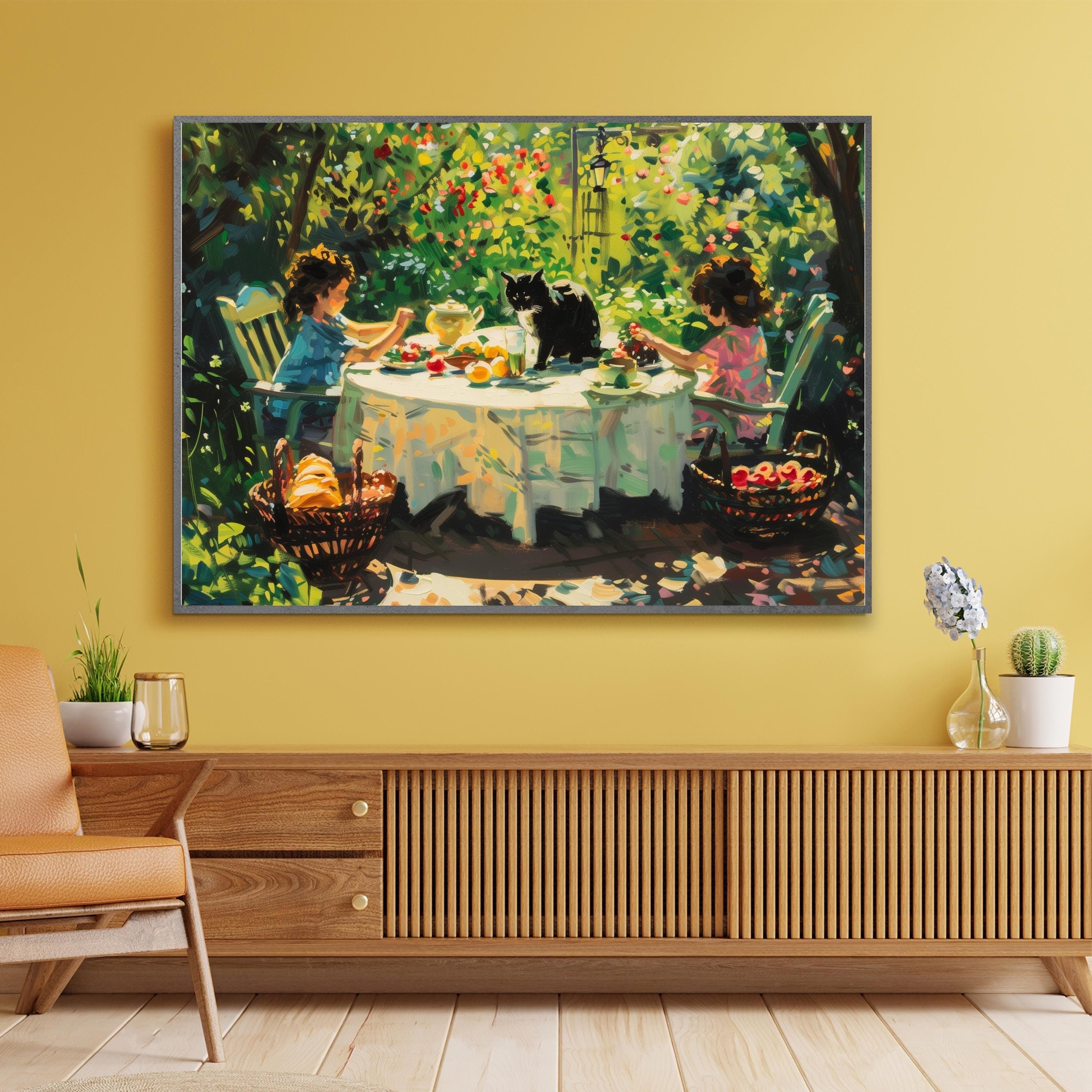 Black Cat Garden Print, Impressionist Whimsical Art (Digital Download) - view 3