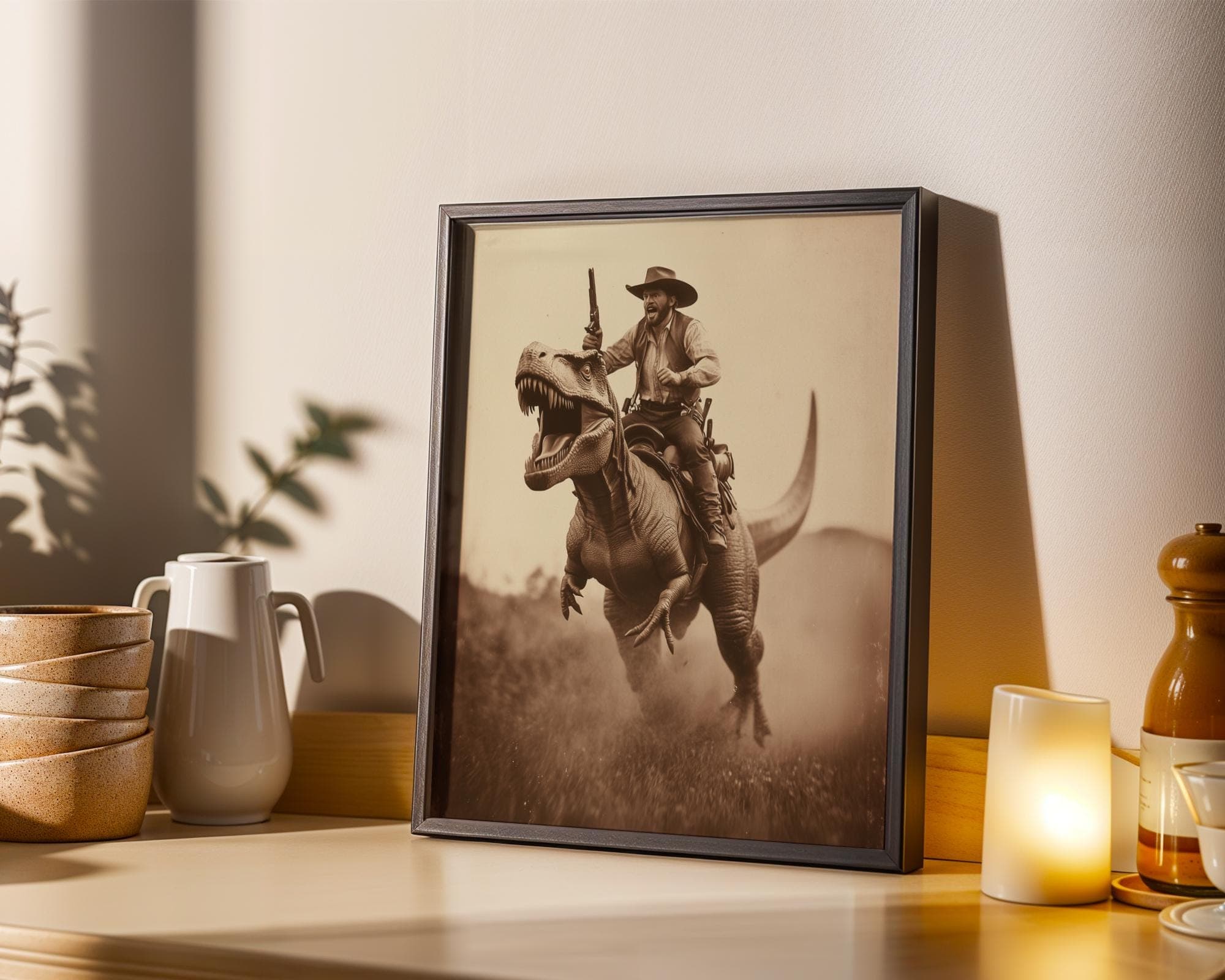 Cowboy Riding Dinosaur Wall Art Print, Western Style Print, Prehistoric Dinosaur Poster, Wild West Dinosaur Cowboy Print, Sepia Poster - view 6