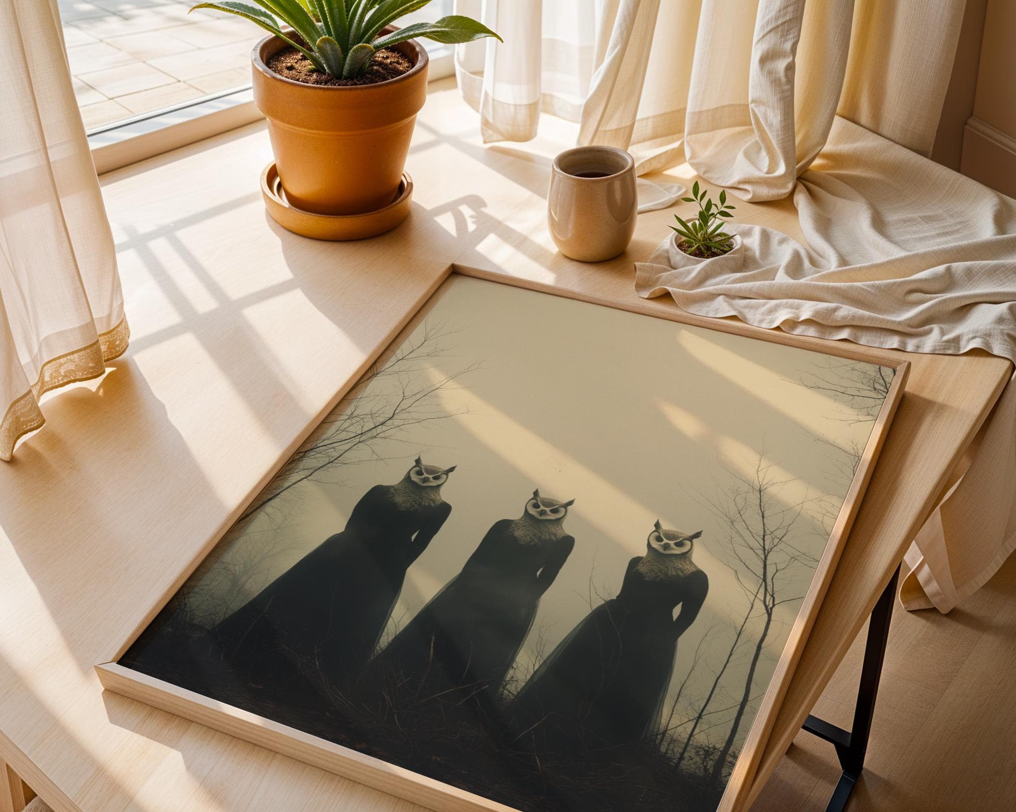 Surreal Gothic Owl Women Wall Art β Creepy Forest Print for Witchy Dark Academia Decor, Moody Sepia Surreal Print, Whimsical Gothic Decor - view 7