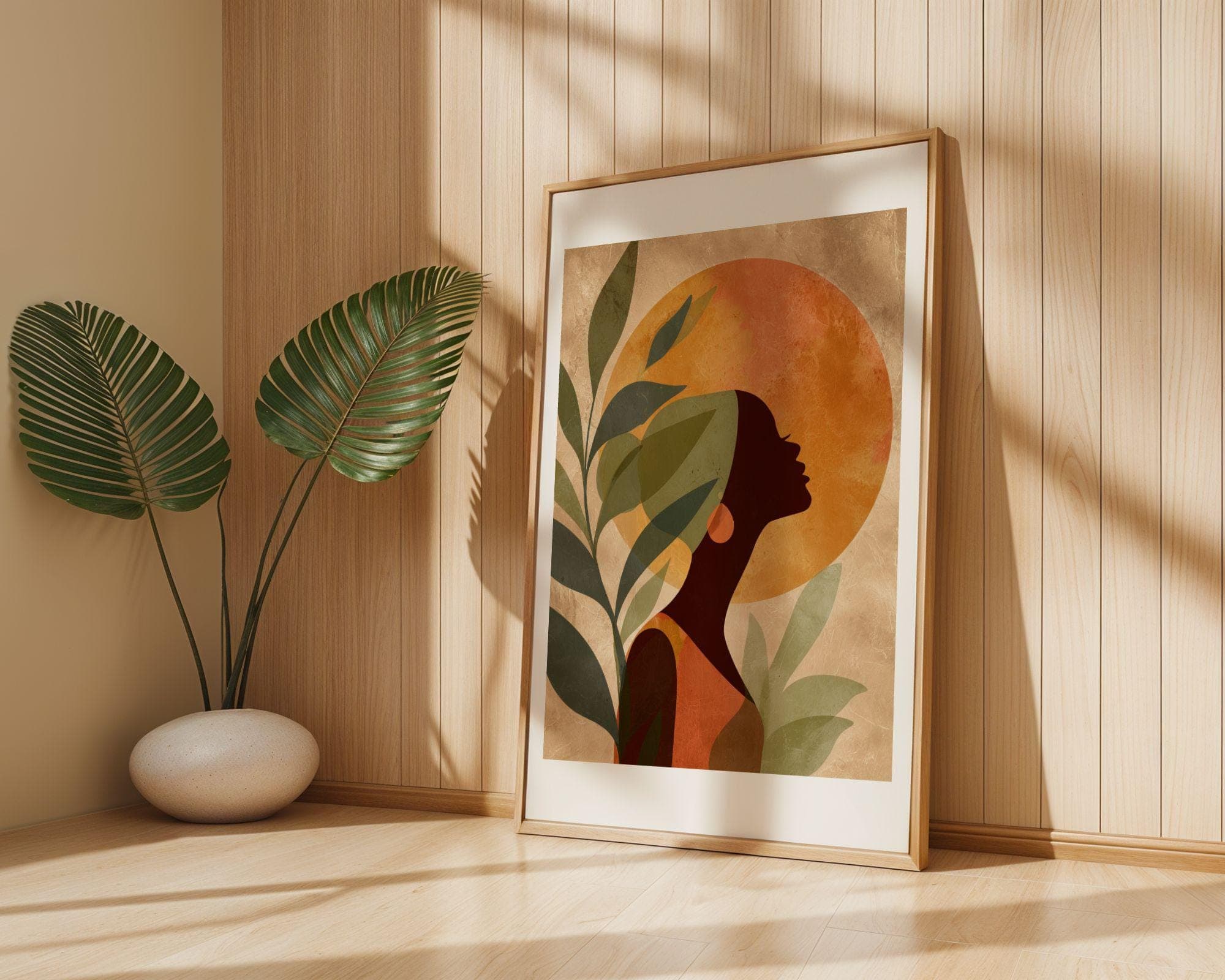 Black Woman Wall Art, Botanical Afro Silhouette, Orange Sun Print, Earth Tone Minimal Modern Print, Afro Woman Wall Art, Feminine Wall Art - view 3